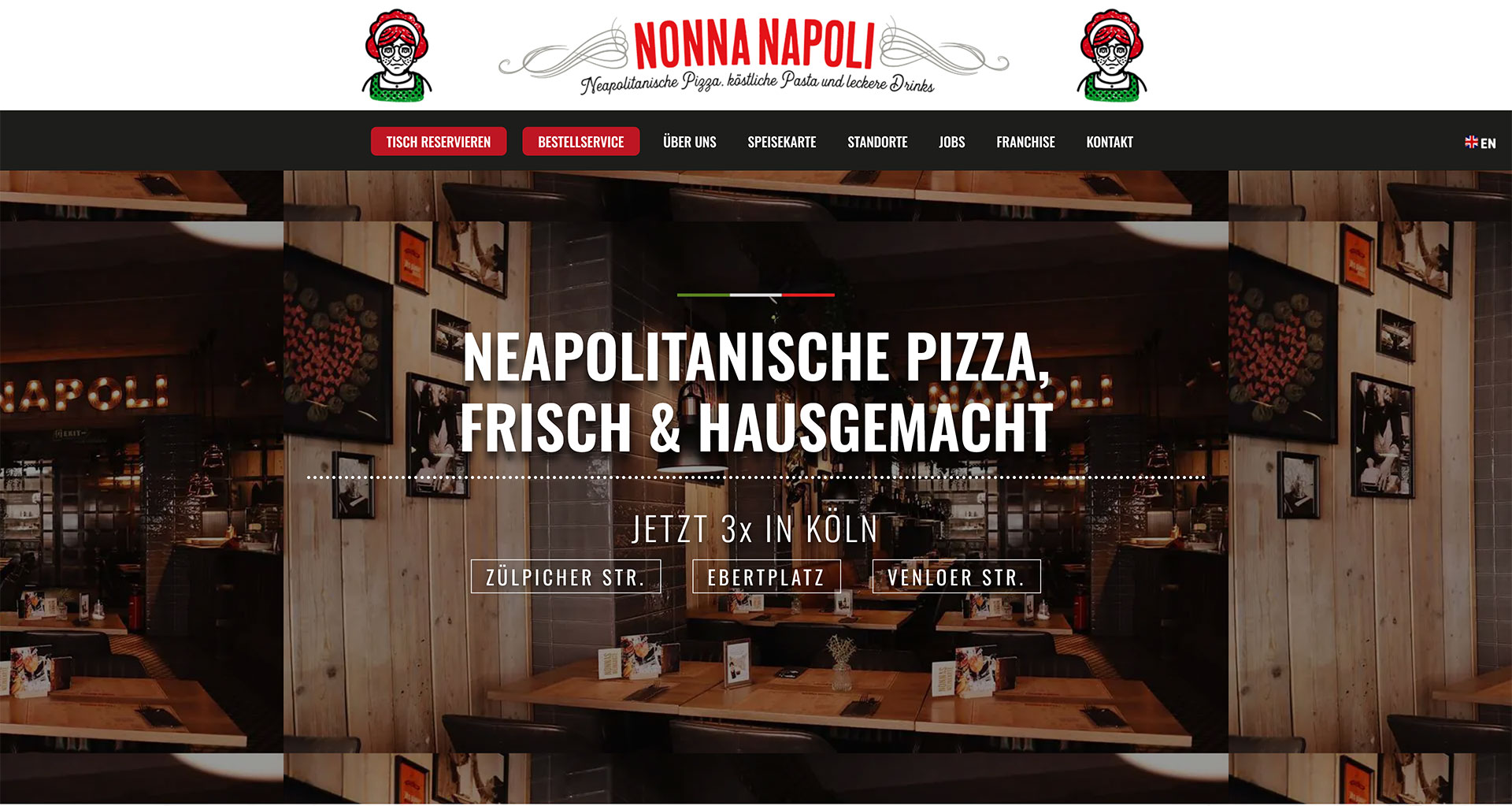 Startseite der Website von Nonna Napoli mit Hero „Neapolitanische Pizza, frisch & hausgemacht“ und den drei Kölner Standorten