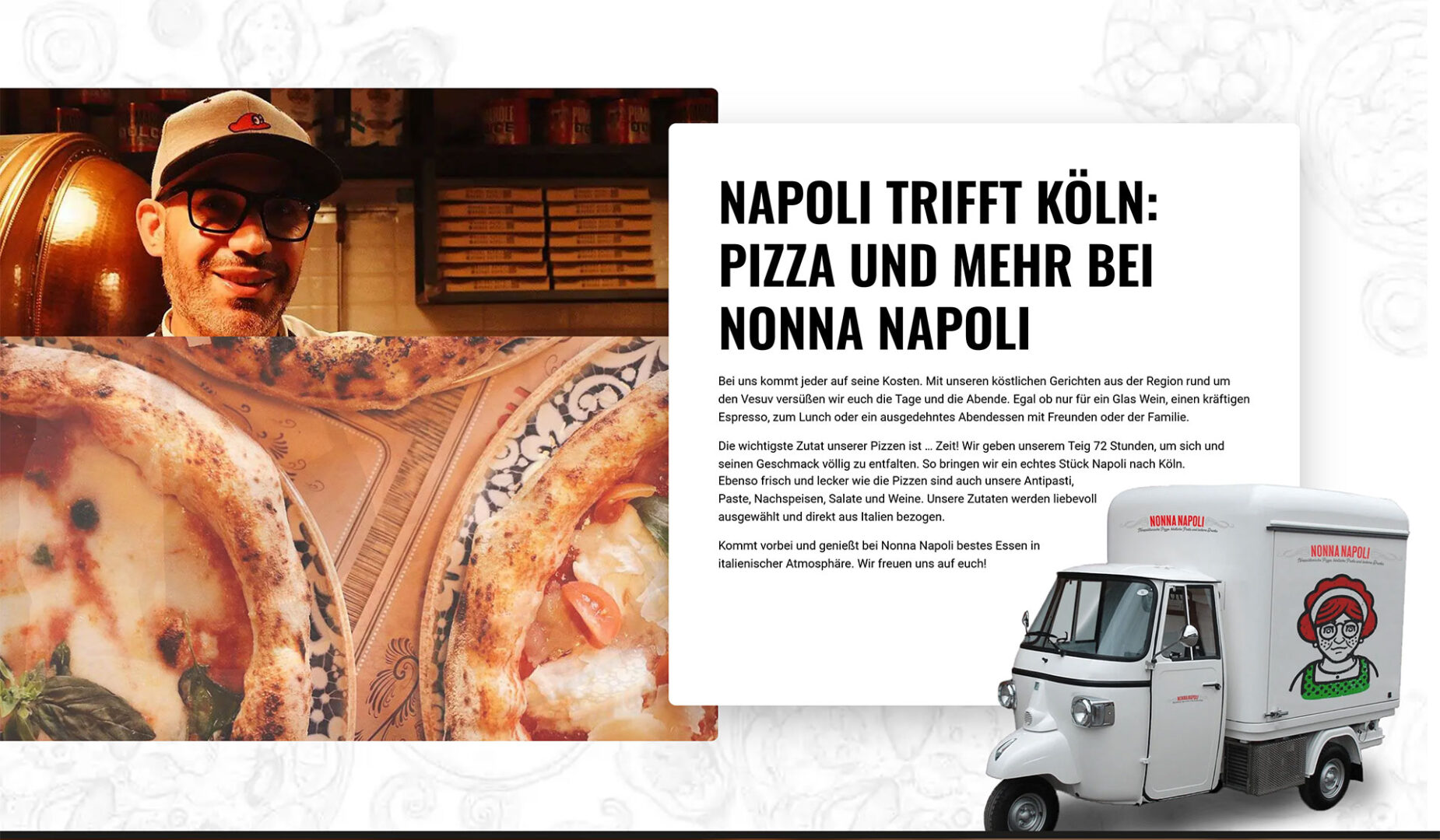 Website Nonna Napoli: Abschnitt „Napoli trifft Köln“ mit Pizzabäcker, Pizza und Ape-Lieferwagen