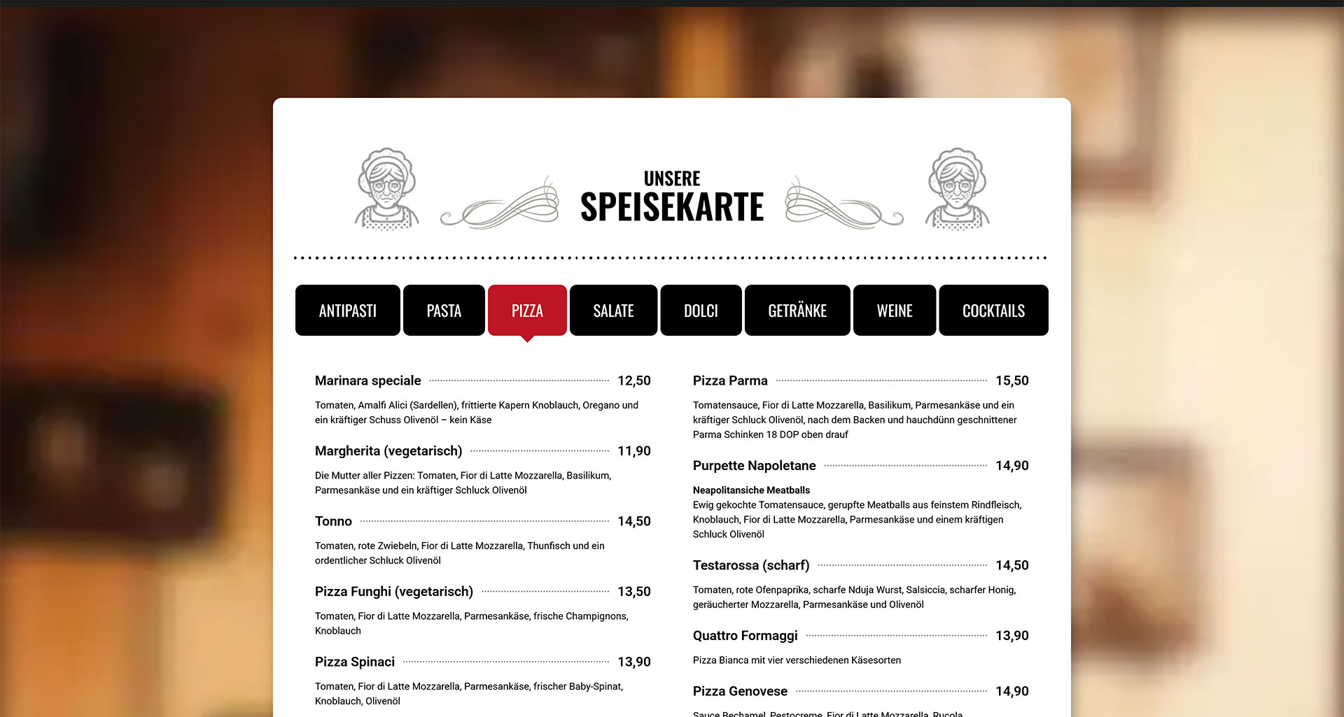 Website Nonna Napoli: Speisekarte mit Reitern von Antipasti bis Cocktails