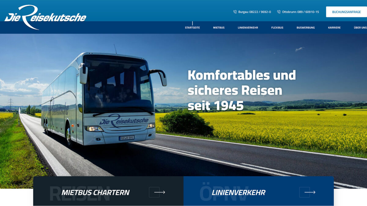 Startseite der Website der Reisekutsche: Reisebus auf einer Landstraße zwischen Rapsfeldern
