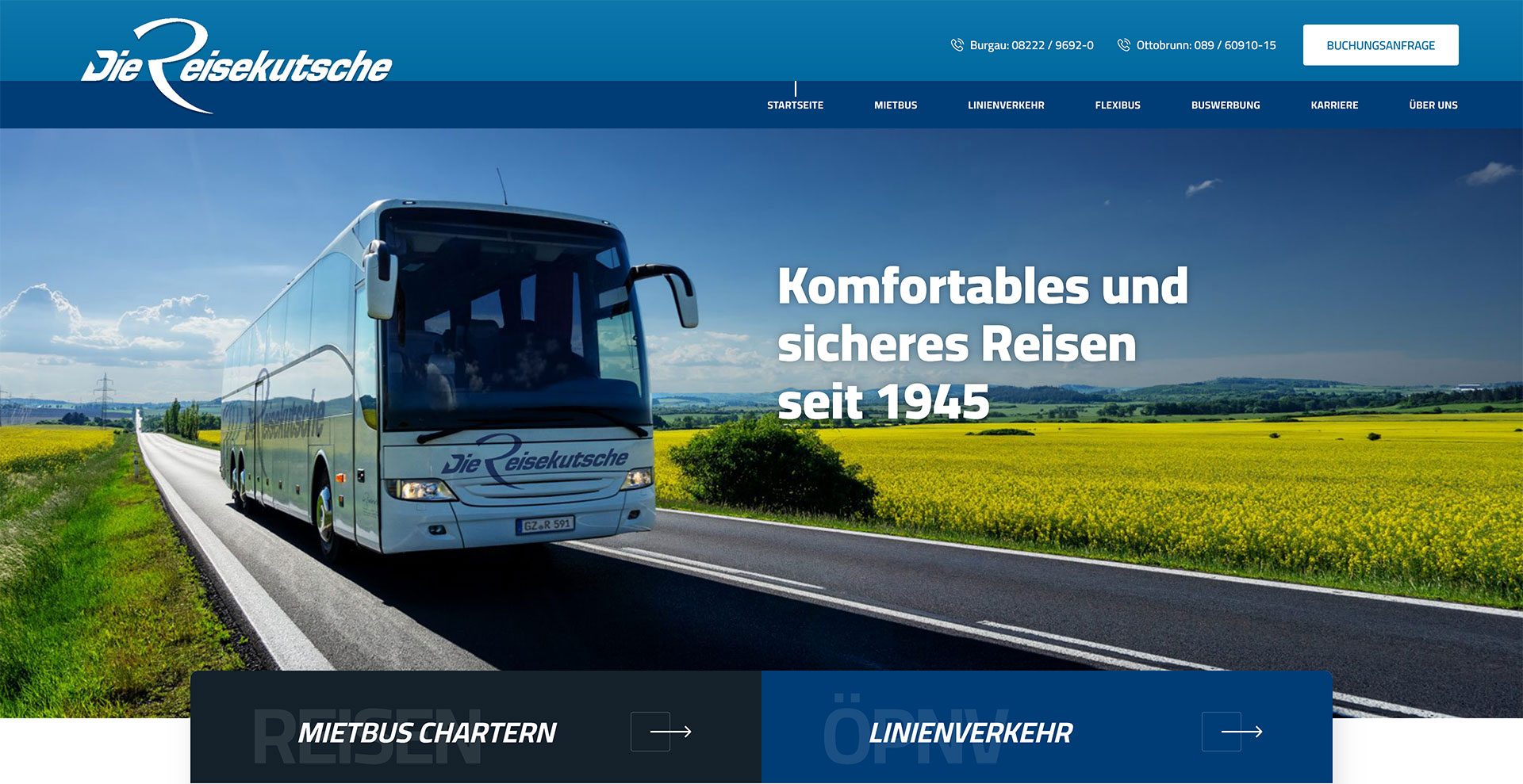 Startseite der Website der Reisekutsche: Reisebus auf einer Landstraße zwischen Rapsfeldern