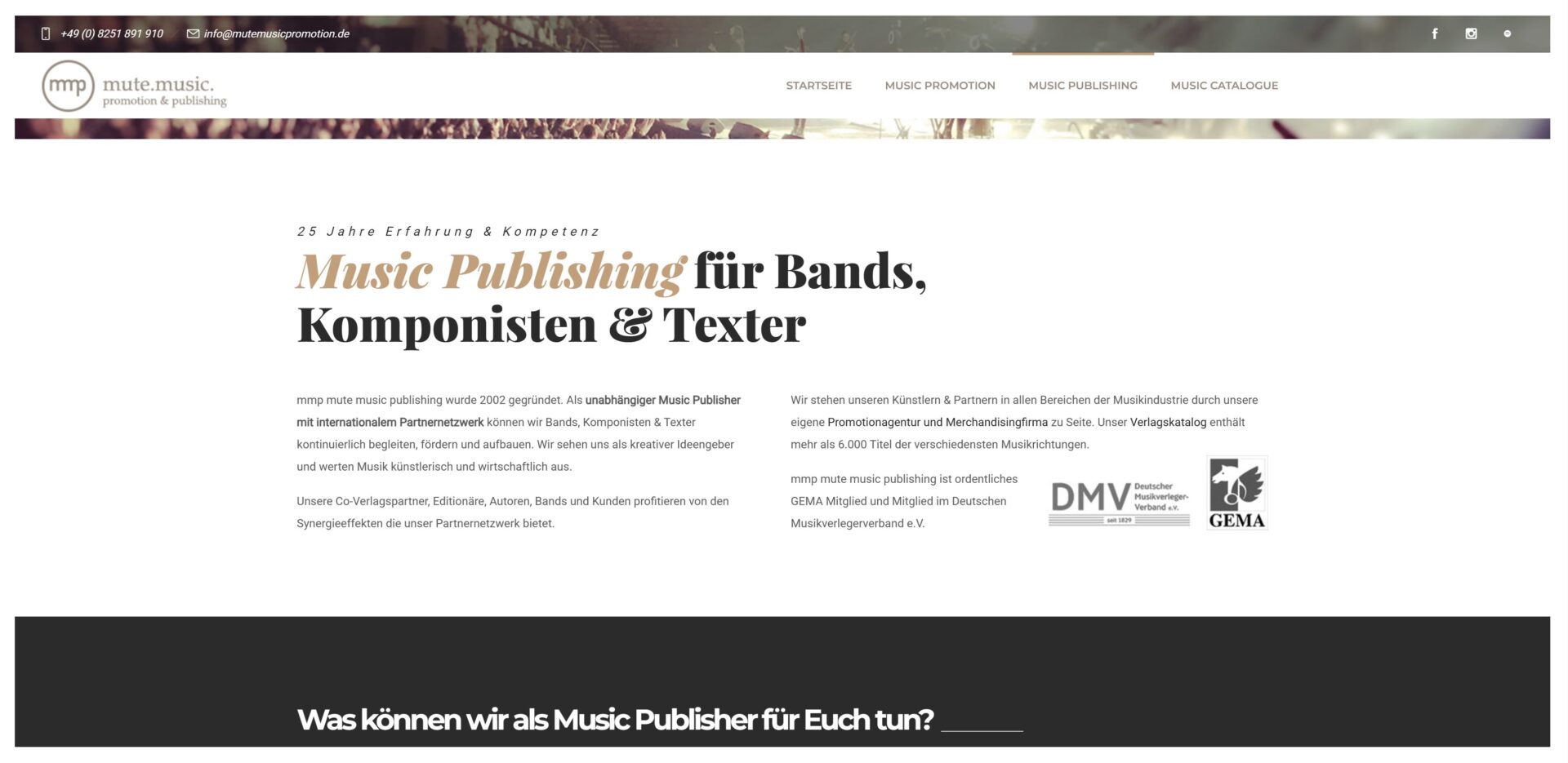 Seite Music Publishing von mutemusicpromotion.de mit Überschrift „Music Publishing für Bands, Komponisten & Texter“ und den Logos von DMV und GEMA