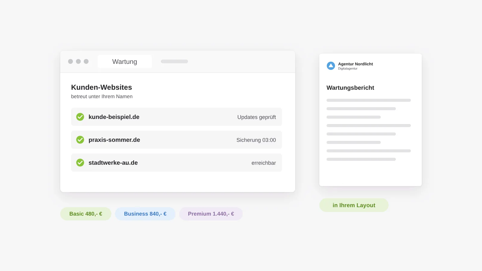 Laufende Betreuung: Kunden-Websites der Agentur werden gewartet, gesichert und überwacht, Wartungsberichte erscheinen im Layout der Agentur, zu festen Jahrespreisen
