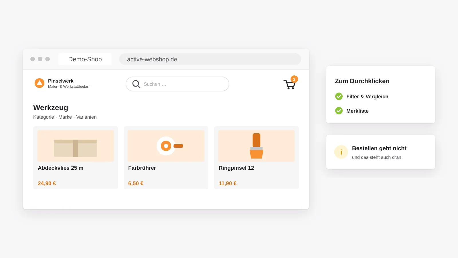 Der Demo-Shop active-webshop.de: ein WooCommerce-Shop mit Kategorien, Marken, Varianten, Filtern, Vergleich und Merkliste zum Durchklicken, ohne echte Bestellung