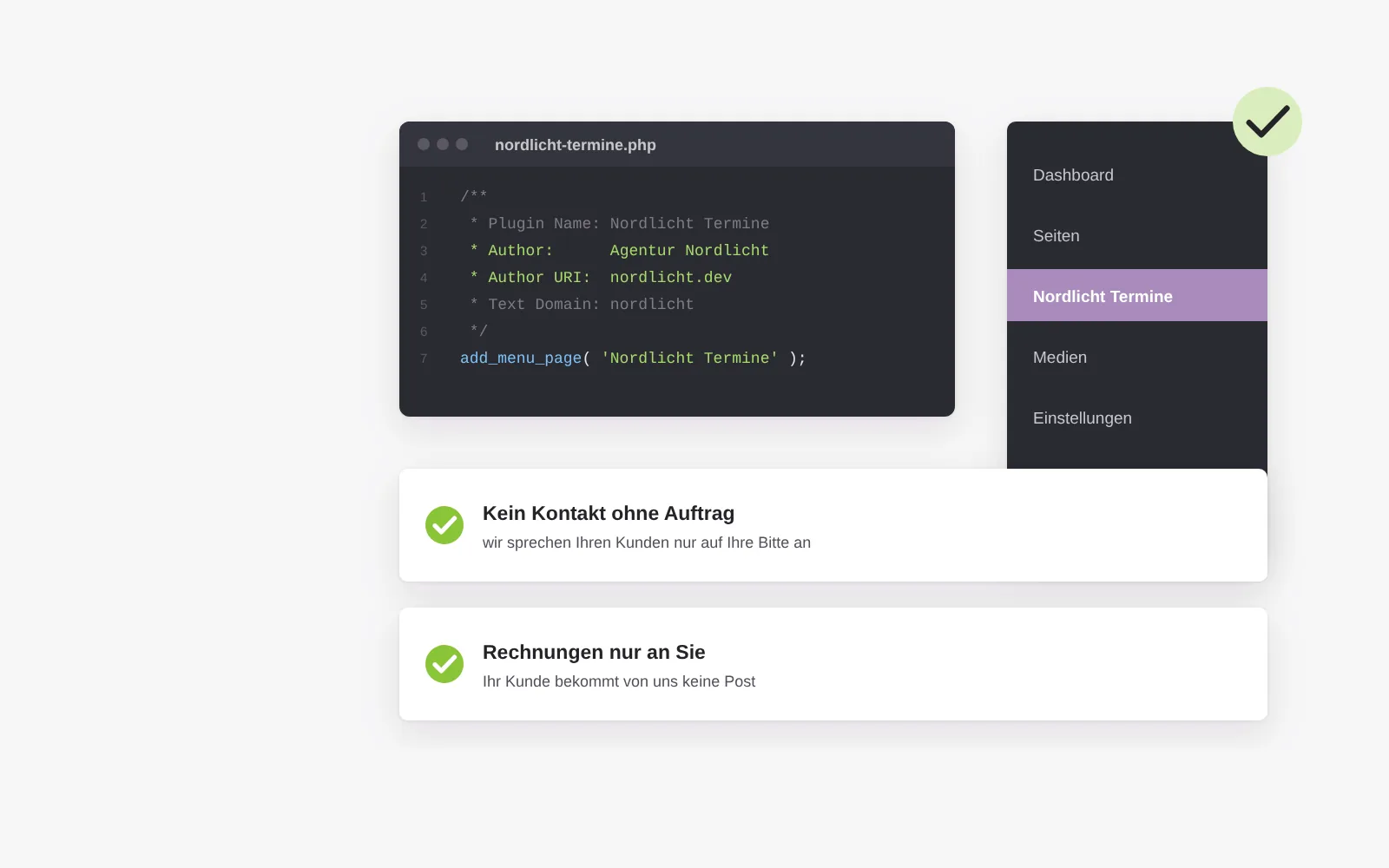 Diskretion bis in den Code: Plugin-Kopf mit Name, Autor und Textdomain der Partneragentur, ein Backend-Menü unter ihrem Namen, kein Kundenkontakt ohne Auftrag und Rechnungen nur an die Agentur