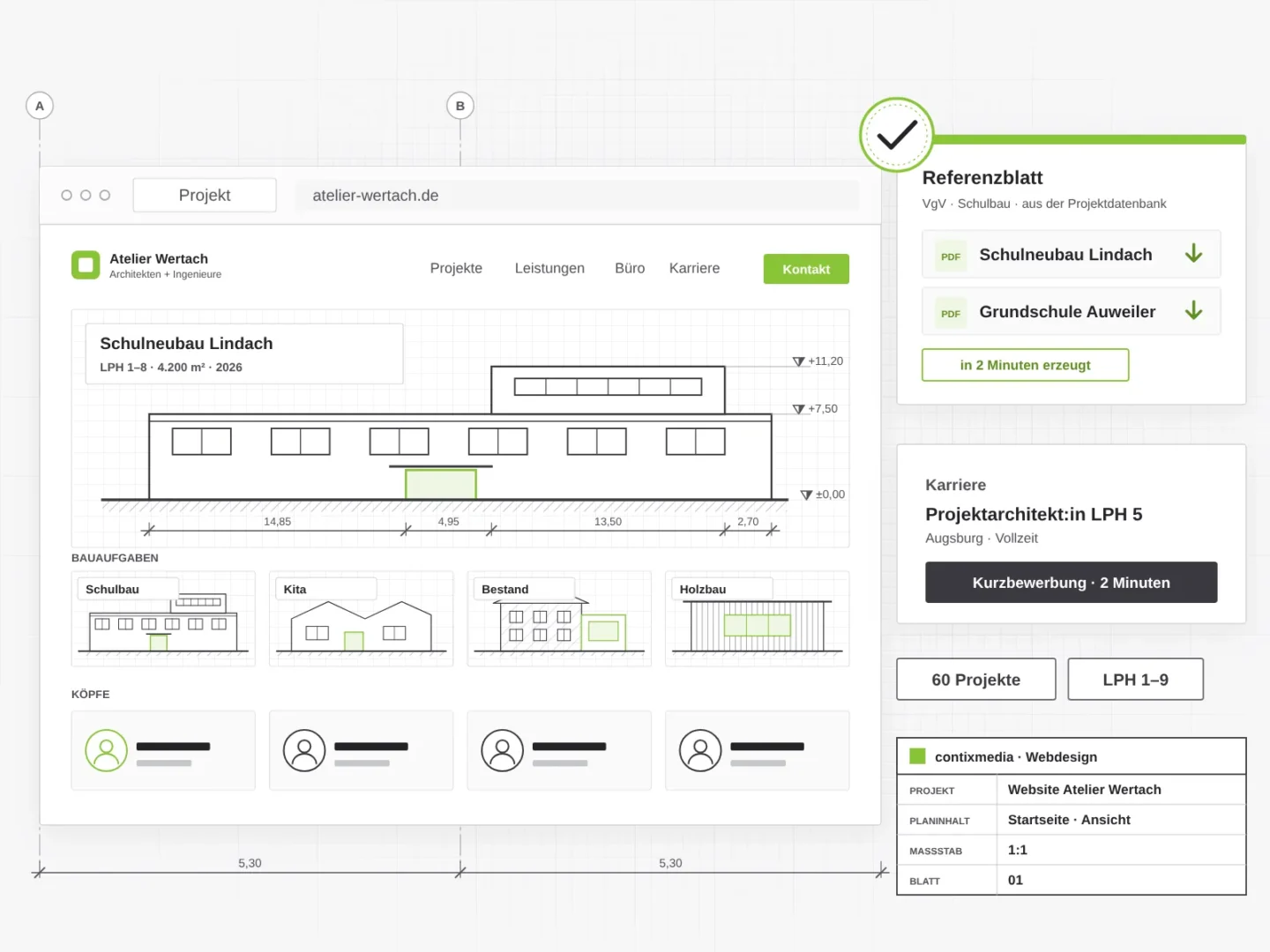 Website eines fiktiven Architektur- und Ingenieurbüros mit Projektseite und Bauaufgaben, daneben Referenzblätter für VgV-Bewerbungen aus der Projektdatenbank und eine Stelle mit Kurzbewerbung
