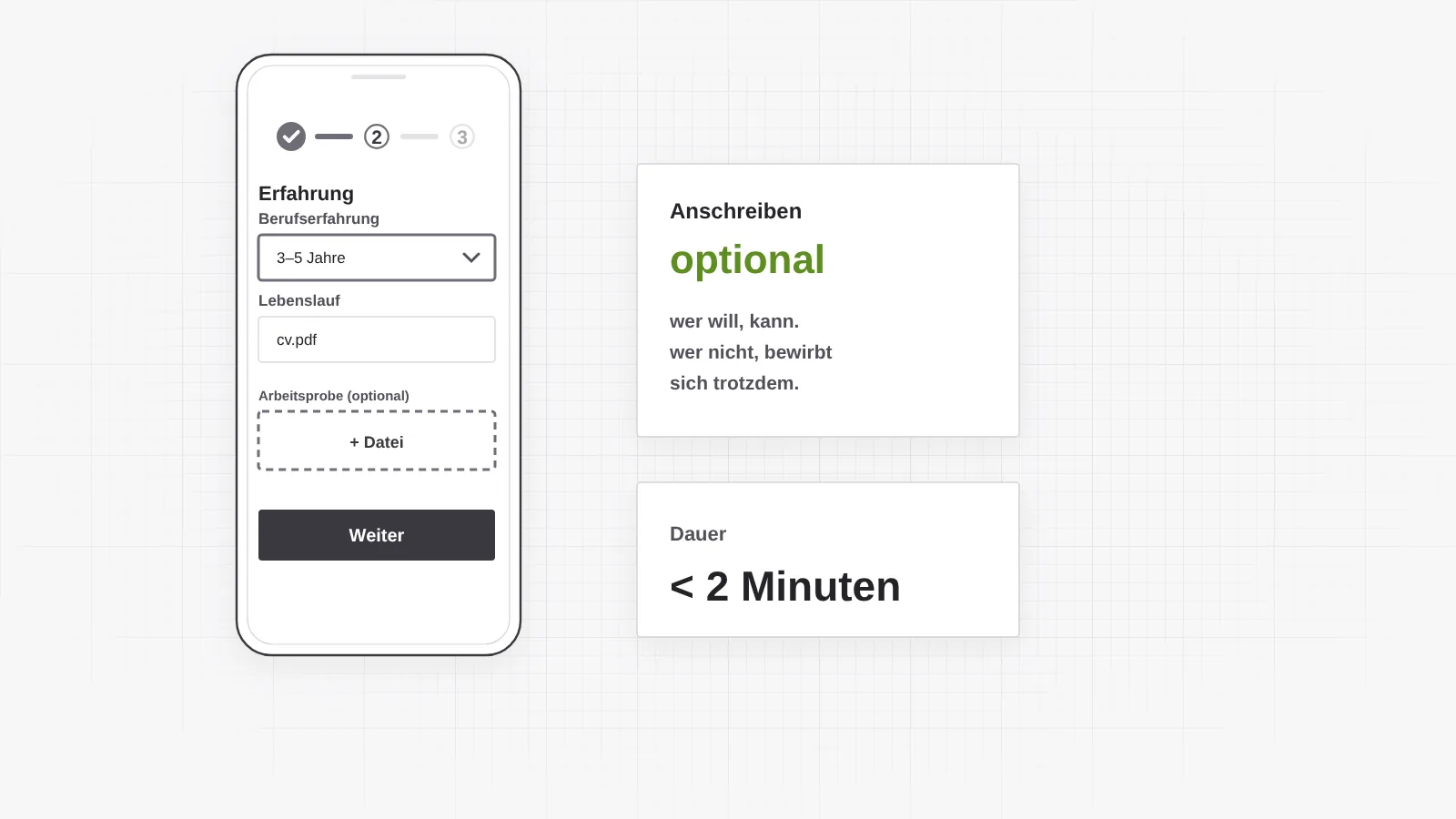 Kurzbewerbung in unter zwei Minuten auf dem Smartphone: mehrstufig mit Berufserfahrung, Lebenslauf und optionaler Arbeitsprobe, Anschreiben freiwillig