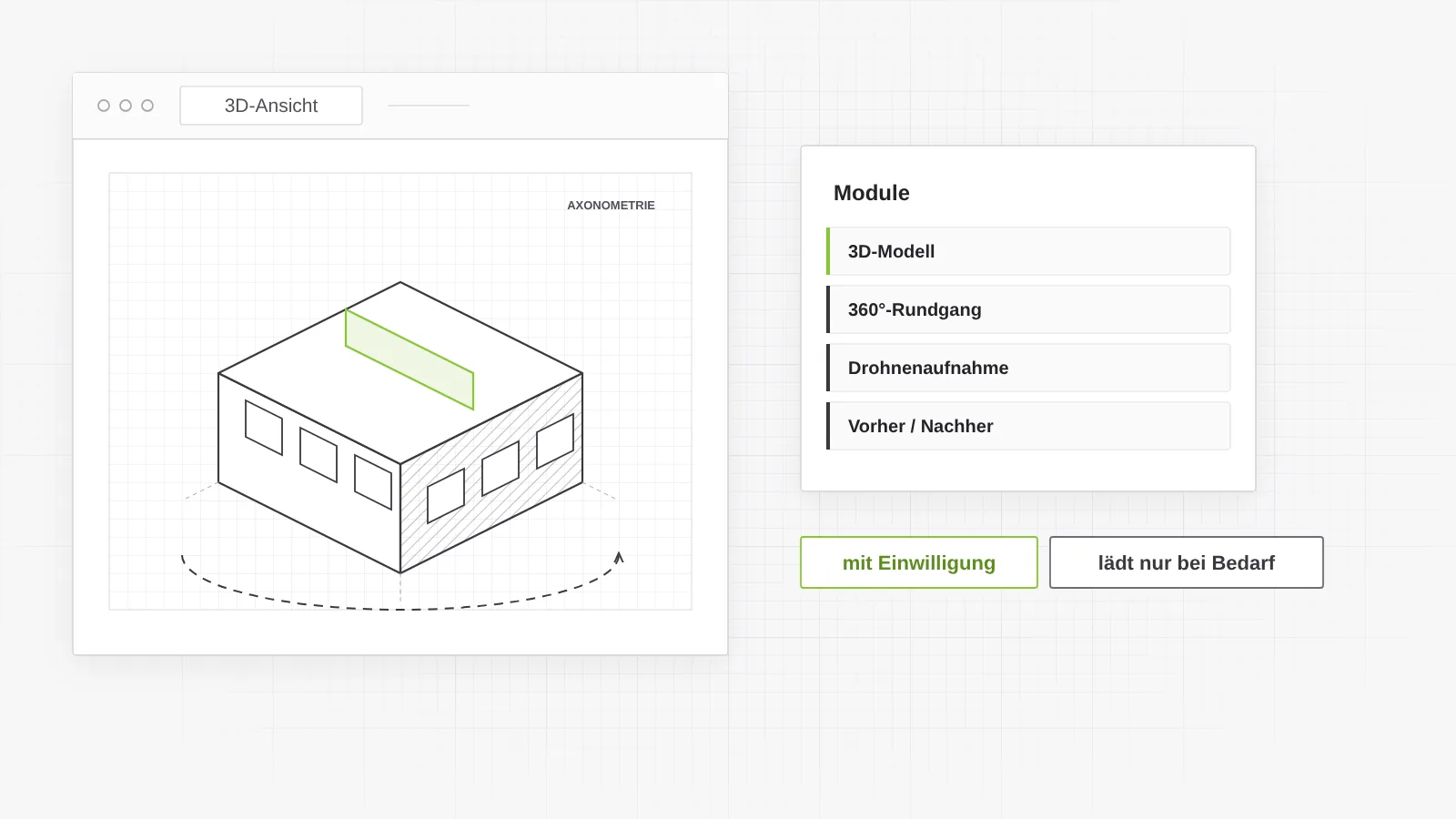 Modell und Rundgang im Browser: 3D-Ansicht, 360-Grad-Rundgang, Drohnenaufnahme und Vorher-Nachher-Vergleich als eigene Module, die erst bei Bedarf laden