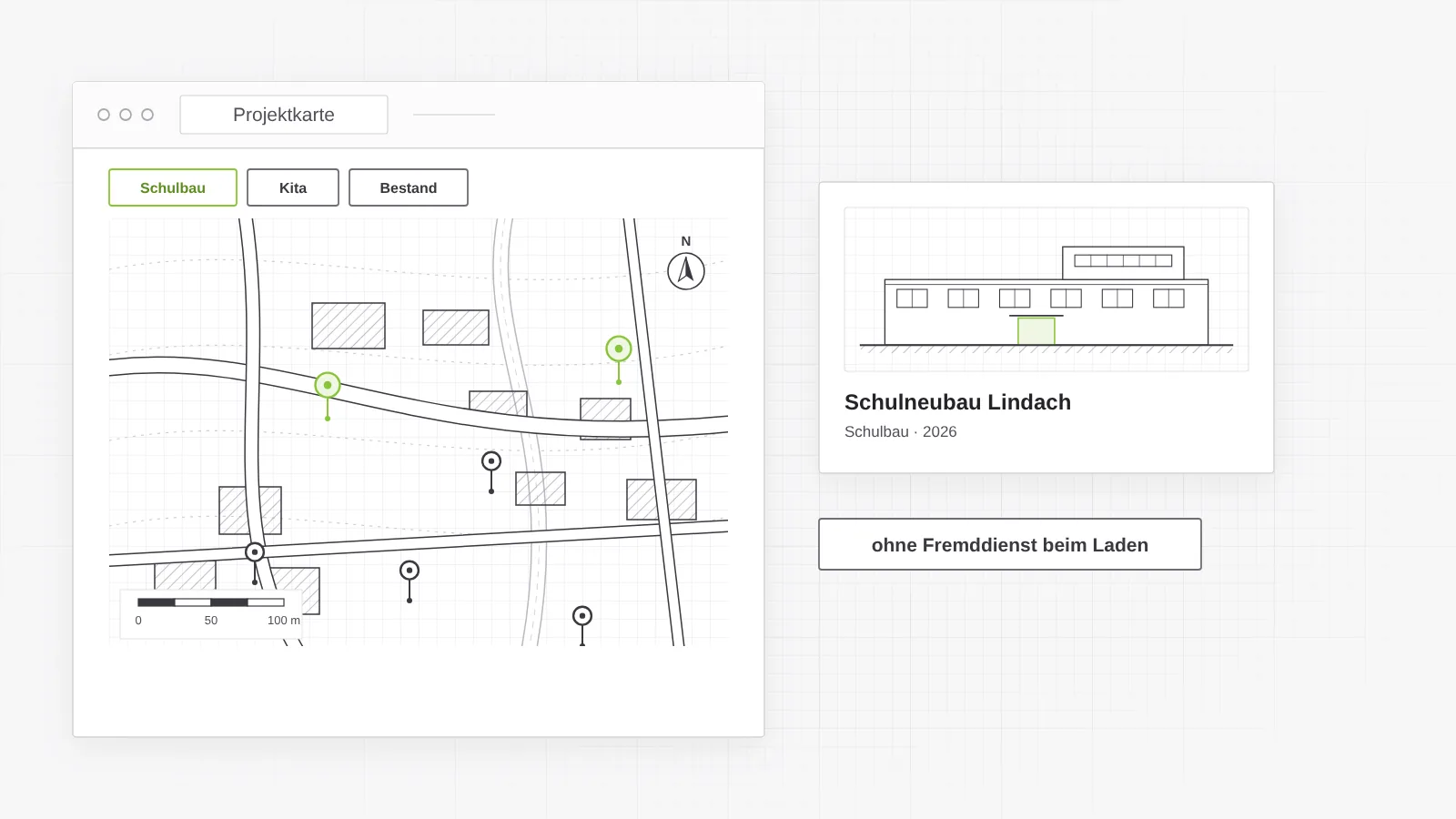 Alle Projekte auf einer Karte, filterbar nach Bauaufgabe und Region, auf datenschutzfreundlicher Kartengrundlage ohne eingebetteten Fremddienst