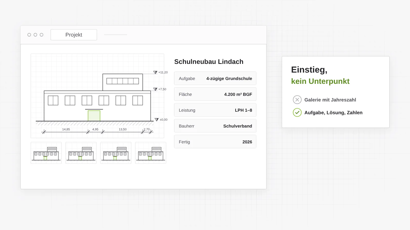 Projektseite mit Bildstrecke, Aufgabe, Fläche, Leistungsphasen, Bauherrschaft und Fertigstellung statt einer Bildergalerie mit Jahreszahl