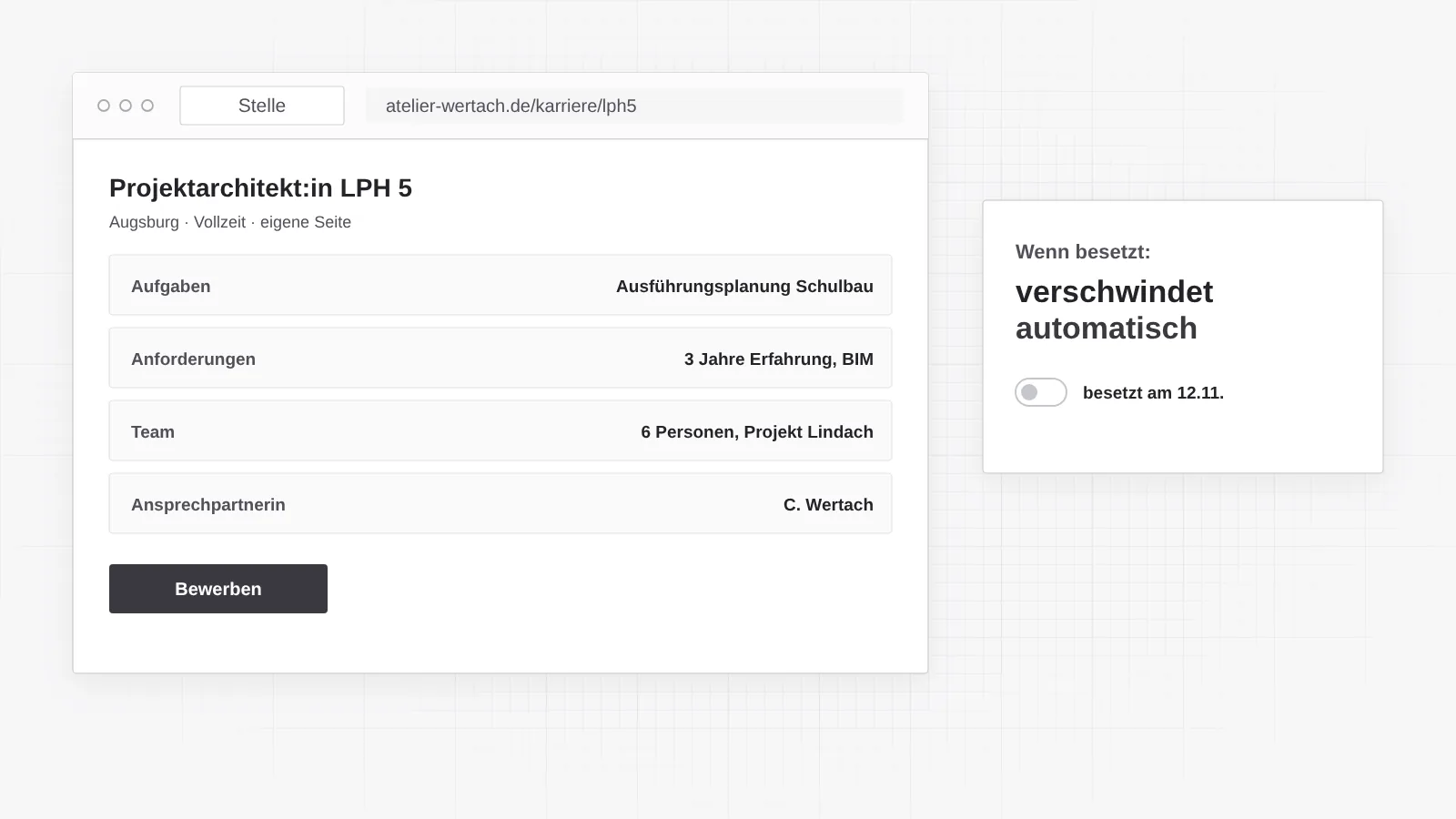 Jede Stelle als eigene Seite mit Aufgaben, Anforderungen, Team und Ansprechpartnerin, die nach der Besetzung automatisch verschwindet