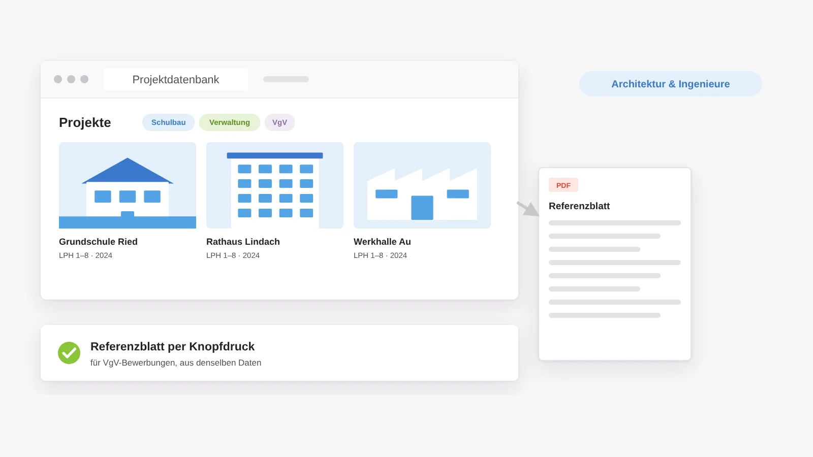 Projektdatenbank eines Architekturbüros mit Filtern, aus der ein Referenzblatt für VgV-Bewerbungen per Knopfdruck entsteht
