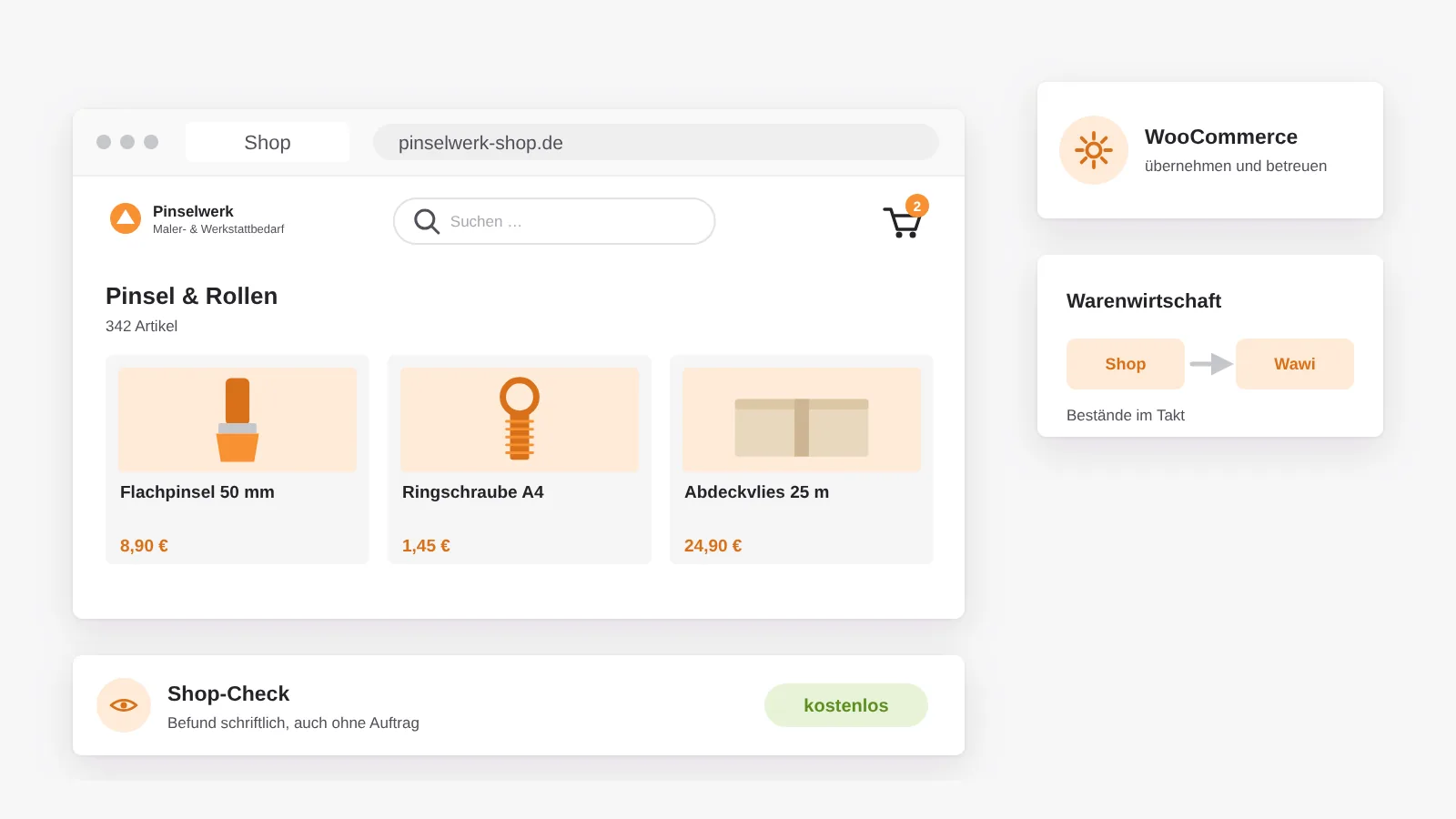 WooCommerce-Shop für Maler- und Werkstattbedarf mit Kategorie und Artikelkacheln, angebundener Warenwirtschaft und kostenlosem Shop-Check