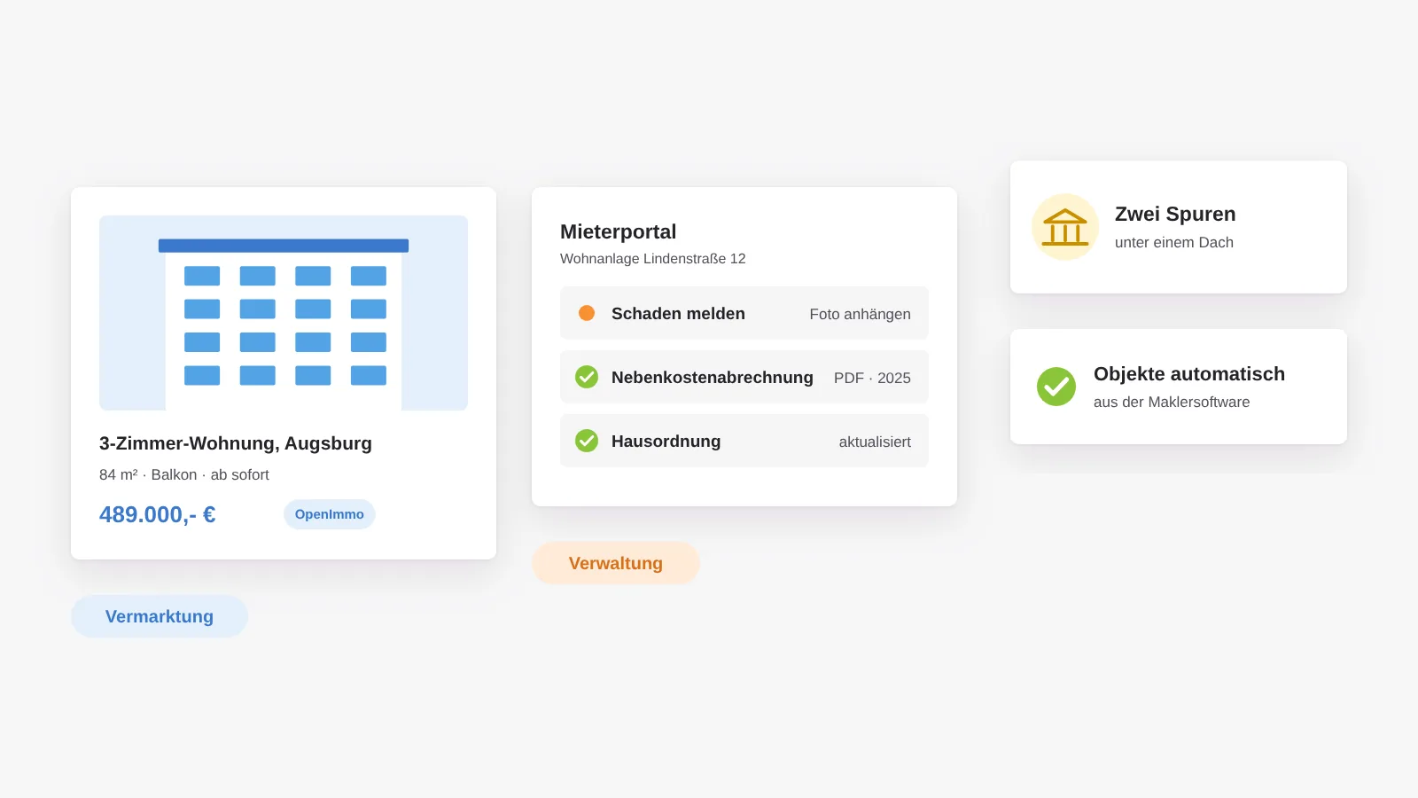Zwei Spuren unter einem Dach: ein Wohnungsangebot mit automatischer Objektanbindung für die Vermarktung und ein Mieterportal mit Schadensmeldung für die Verwaltung
