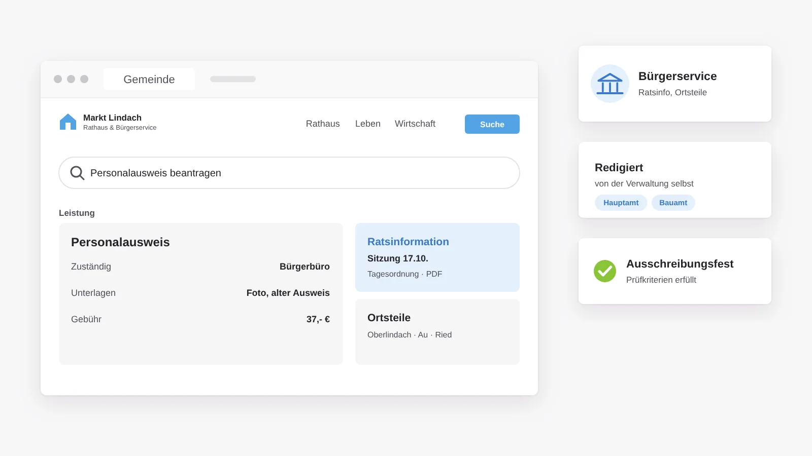 Gemeindewebsite mit Bürgerservice-Suche, Leistungsseite mit Zuständigkeit und Gebühr, Ratsinformation und Ortsteilen