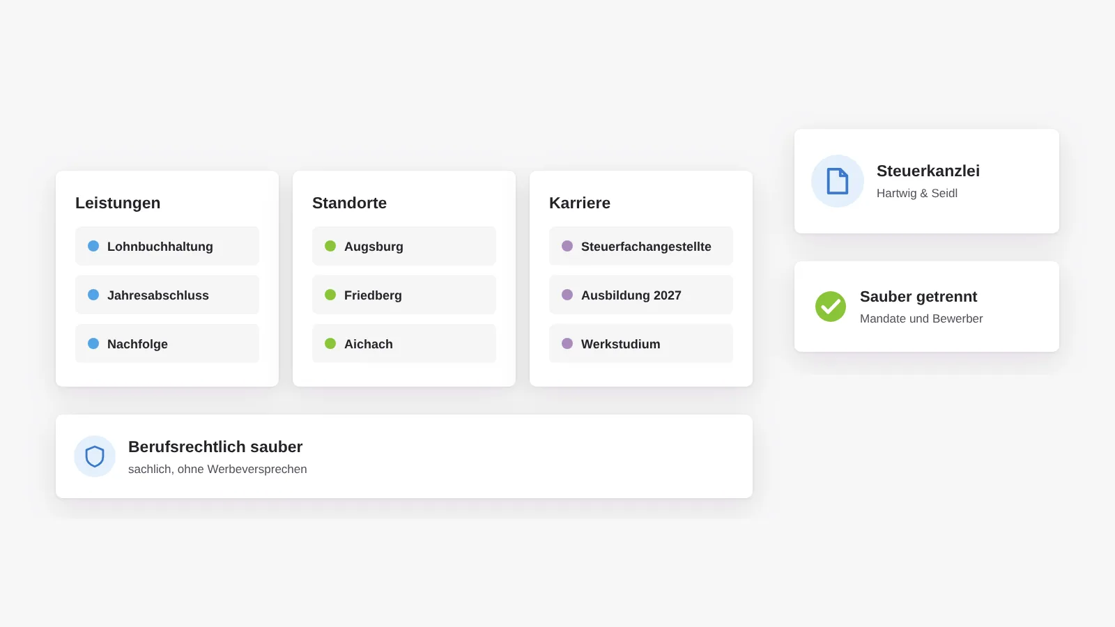 Website einer Steuerkanzlei mit getrennten Bereichen für Leistungen, Standorte und Karriere, berufsrechtlich sachlich aufgebaut