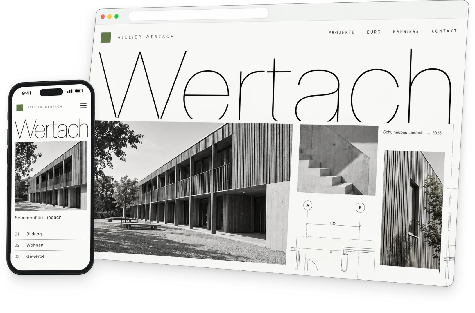 Website eines fiktiven Architekturbüros mit großem Schriftzug „Wertach“, Projektfotos und Planlinien, davor die mobile Projektansicht