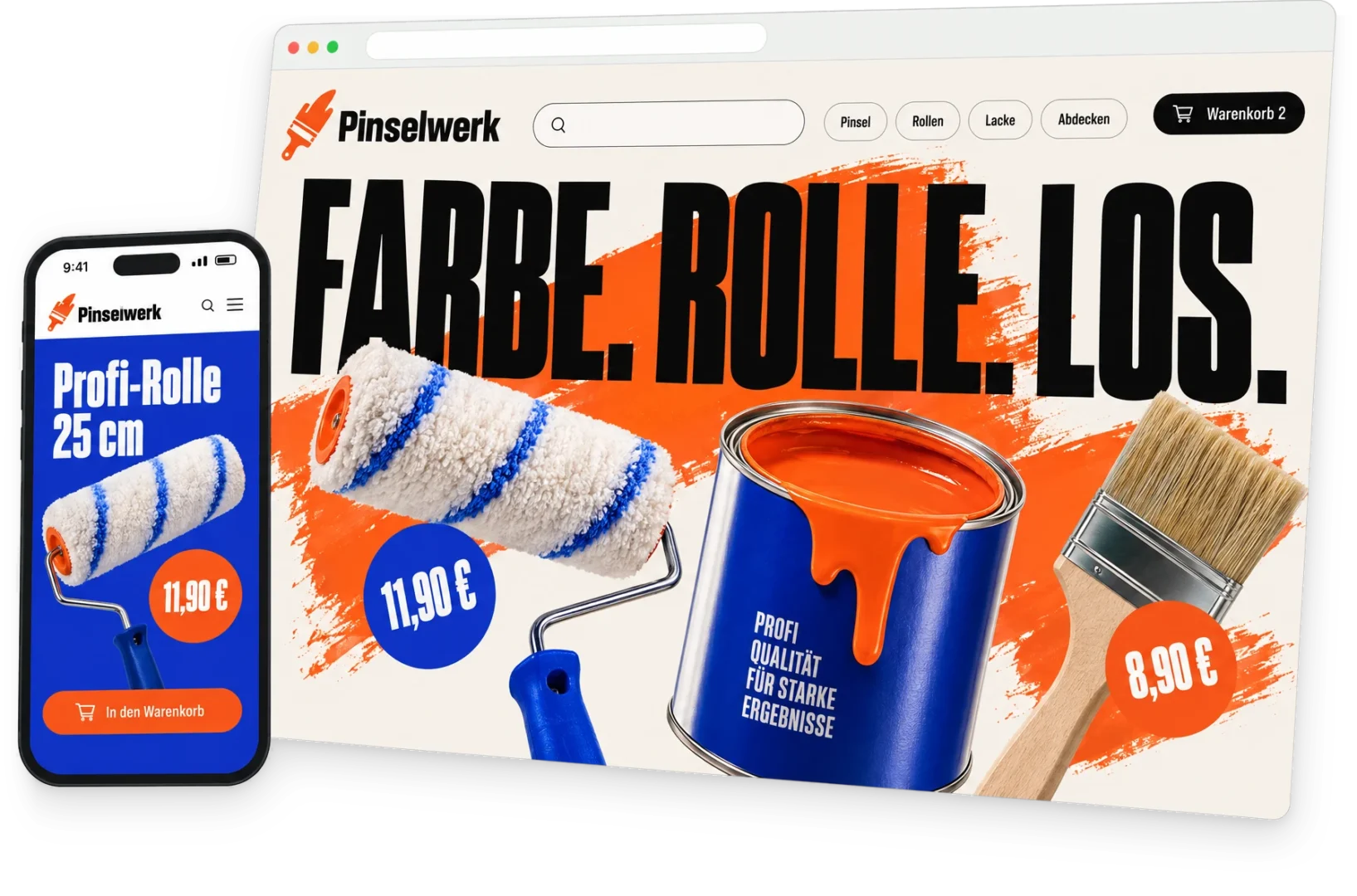 Onlineshop eines fiktiven Händlers für Malerbedarf mit plakativer Startseite „Farbe. Rolle. Los.“ im Browserfenster, davor die Produktseite einer Farbrolle auf dem Smartphone