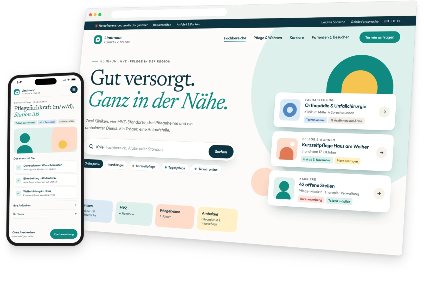 Website-Mockup eines erfundenen Trägers „Lindmoor Kliniken & Pflege“ auf Desktop und Smartphone: Startseite mit Notfallhinweis, Suche nach Fachbereich, Ärztin oder Standort, Karten für Fachabteilung, Kurzzeitpflege mit Aufnahmestand und offene Stellen, daneben eine mobile Stellenseite mit Kurzbewerbung