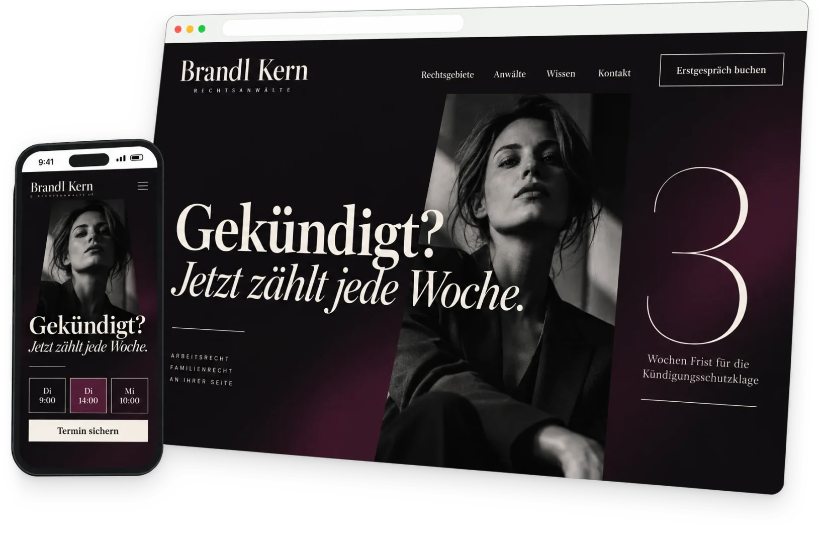 Website einer fiktiven Anwaltskanzlei in Schwarz und Aubergine mit „Gekündigt? Jetzt zählt jede Woche.“ und dem Hinweis auf die Drei-Wochen-Frist, davor die Terminbuchung auf dem Smartphone