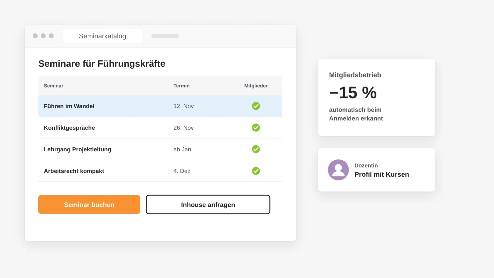 Seminarkatalog einer Akademie mit Terminen, Mitgliederpreis für Mitgliedsbetriebe, Inhouse-Anfrage und Dozentenprofil