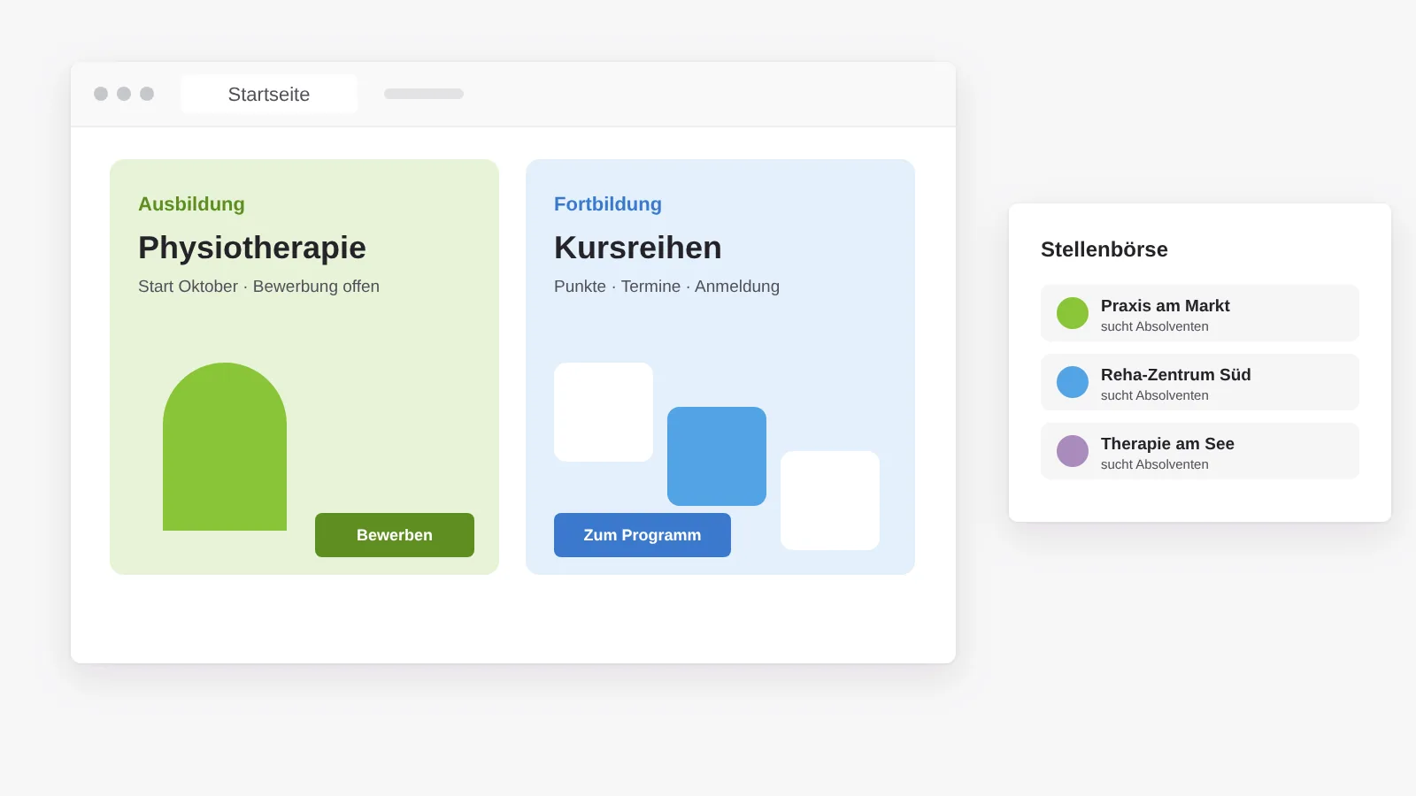 Startseite einer Berufsfachschule mit zwei Wegen, Ausbildung mit Bewerbung und Fortbildung mit Kursreihen, daneben eine Stellenbörse für Absolventen