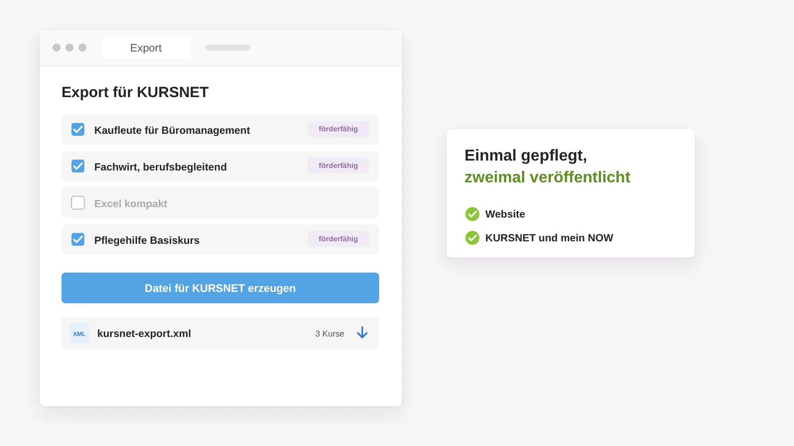 Export der förderfähigen Kurse als Datei für den Massenimport in KURSNET, erzeugt aus dem Kursbestand der Website