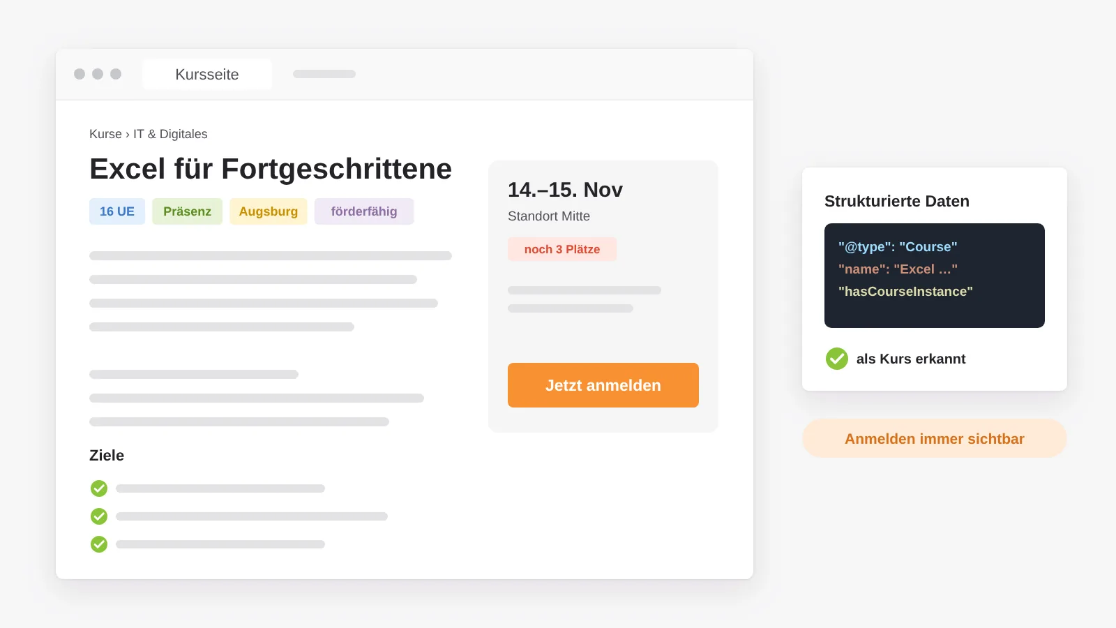 Kursseite mit Datenzeile aus Unterrichtseinheiten, Format, Ort und Förderung, festem Anmeldebutton und strukturierten Daten, damit Suchmaschinen den Kurs als Kurs erkennen