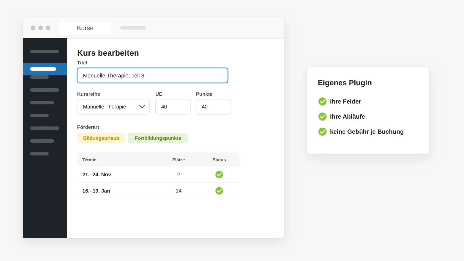 Eigene Kursverwaltung direkt in WordPress: Kurs bearbeiten mit Kursreihe, Unterrichtseinheiten, Punkten, Förderart und Terminen