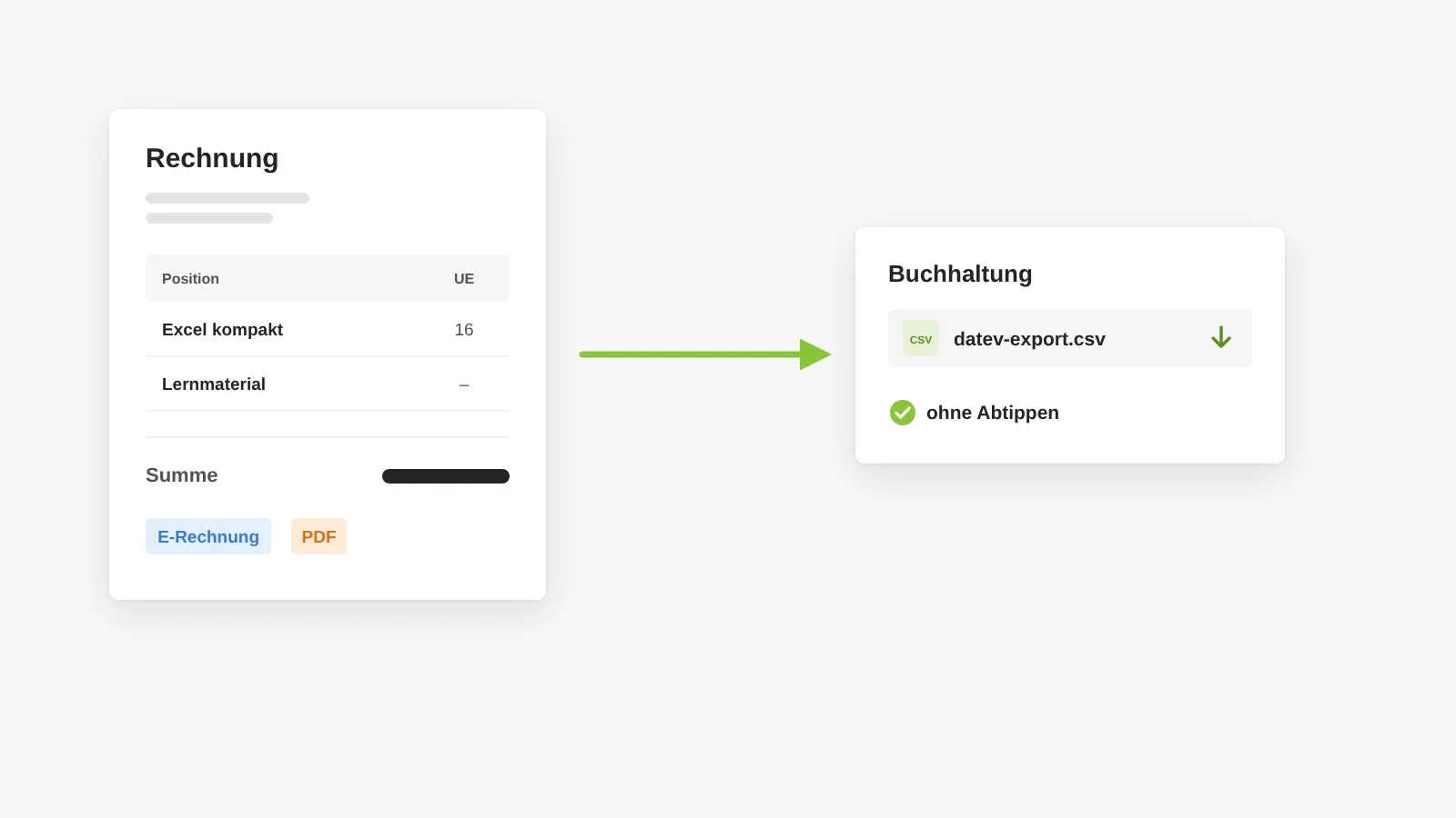 Rechnung als PDF oder E-Rechnung aus der Anmeldung, Übergabe an die Buchhaltung mit Export für DATEV