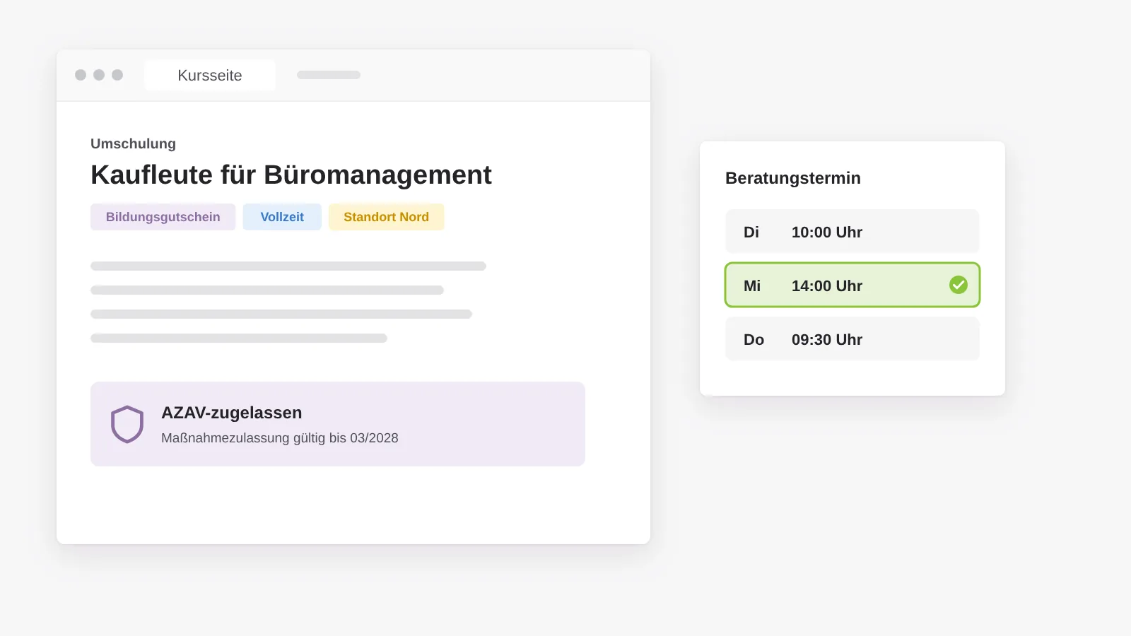 Kursseite eines Bildungsträgers mit Kennzeichnung Bildungsgutschein, Zulassung mit Gültigkeitsdatum und Auswahl eines Beratungstermins