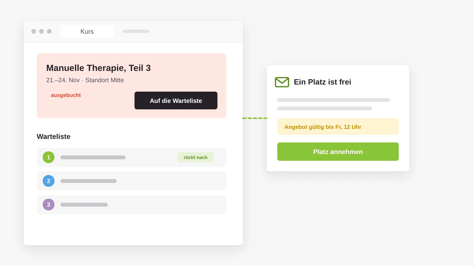 Ausgebuchter Kurs mit Warteliste: wird ein Platz frei, bekommt die nächste Person automatisch ein befristetes Angebot per E-Mail