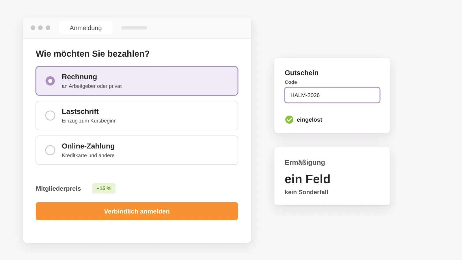 Zahlungsauswahl mit Rechnung, Lastschrift und Online-Zahlung, dazu Mitgliederpreis und Gutschein als Felder am Kurs
