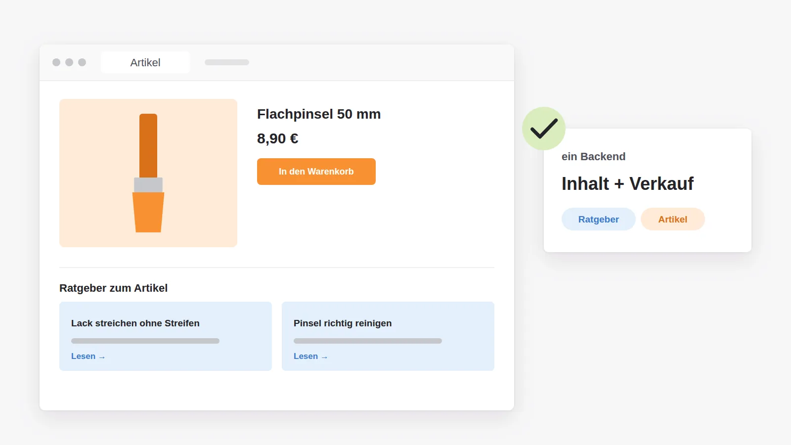 Inhalt und Verkauf in einem System: unter dem Artikel stehen passende Ratgeber, gepflegt im selben Backend