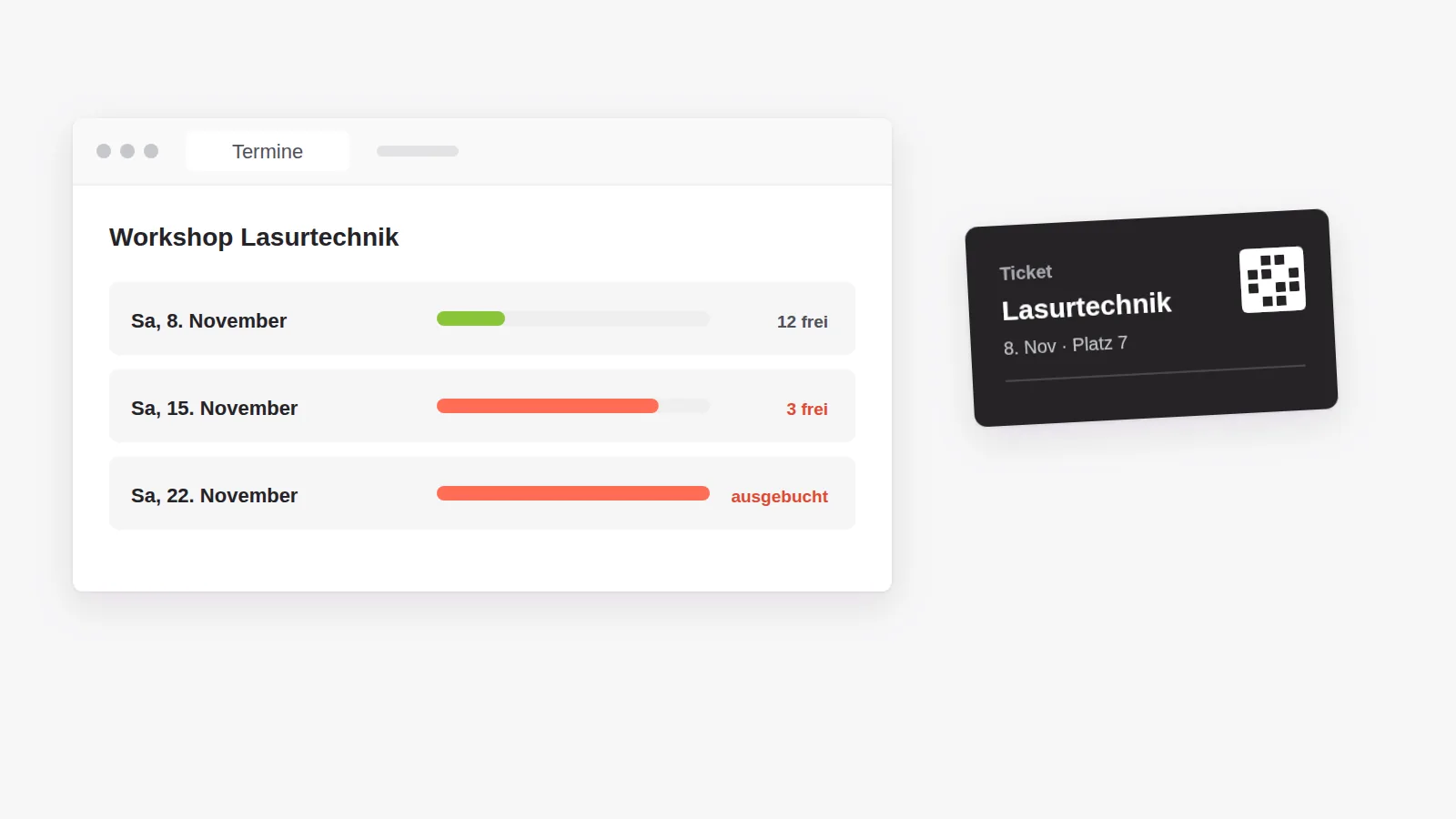 Vertrieb mit Kontingenten: Termine mit begrenzten Plätzen, Auslastung je Termin und personalisiertes Ticket