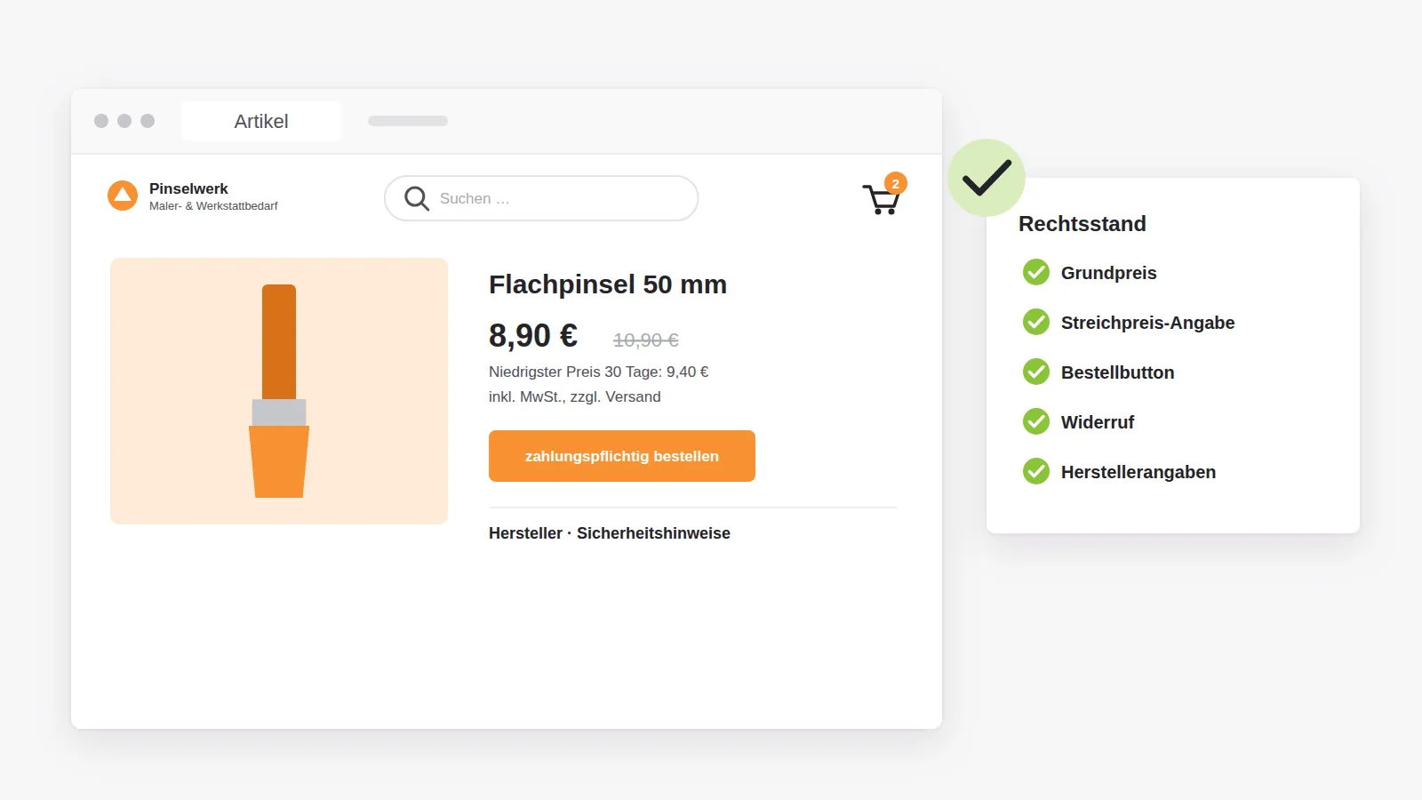 Artikelseite mit sauberen Pflichtangaben: Grundpreis, Streichpreis mit niedrigstem Preis der letzten 30 Tage, Bestellbutton, Widerruf und Herstellerangaben