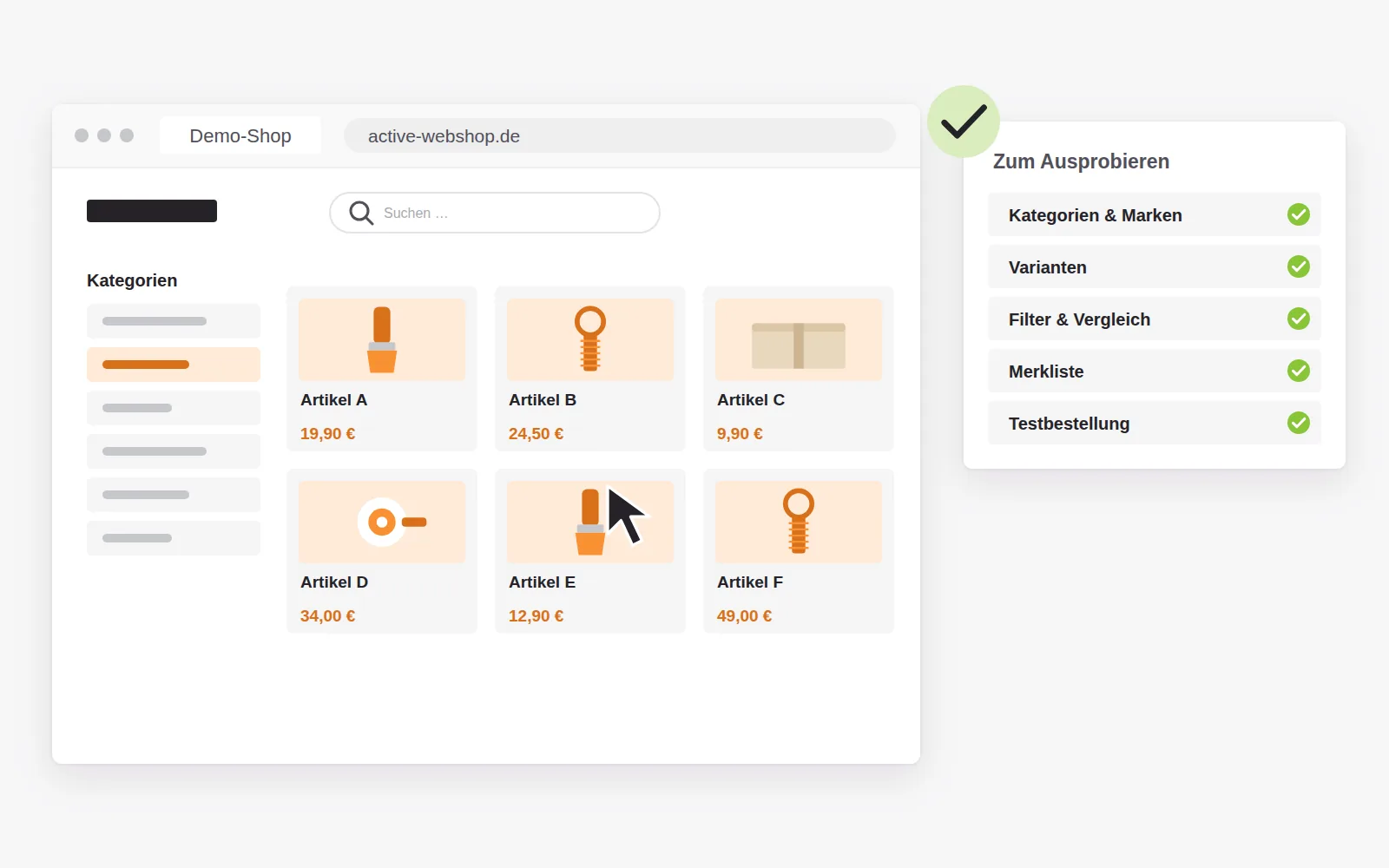 Demo-Shop active-webshop.de mit Kategorien, Marken, Varianten, Filtern, Merkliste und Testbestellung zum Ausprobieren