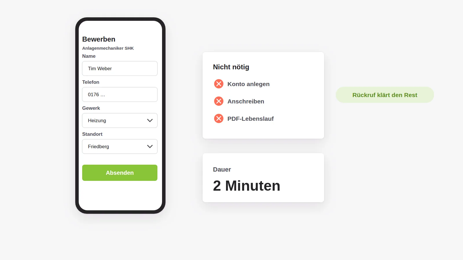 Bewerbung in zwei Minuten auf dem Smartphone mit Name, Telefon, Gewerk und Standort, ohne Konto, Anschreiben oder PDF-Zwang