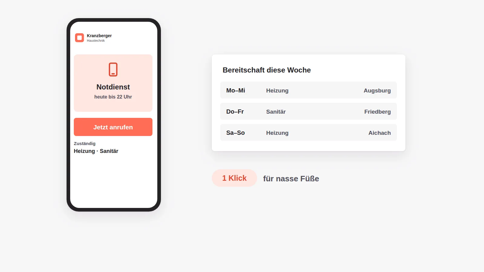 Notdienst auf dem Smartphone mit Anrufknopf und zuständigem Gewerk, dazu der Bereitschaftsplan der Woche nach Gewerk und Standort