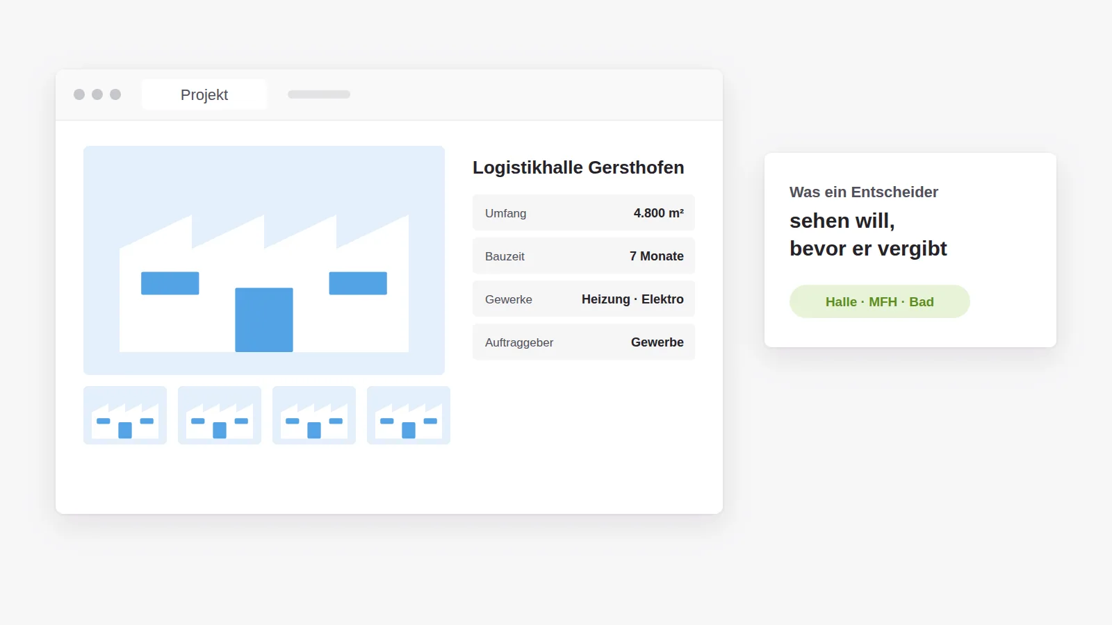 Projektgalerie mit Substanz: Bilder einer Logistikhalle mit Umfang, Bauzeit, beteiligten Gewerken und Art des Auftraggebers