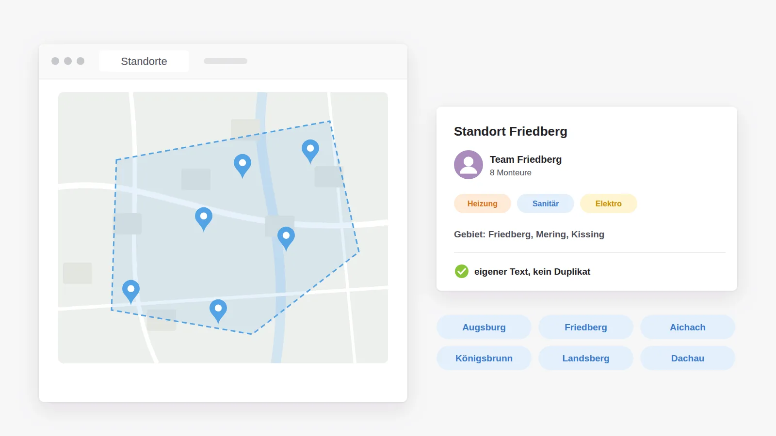 Standort- und Einzugsgebietsseiten: eine Karte mit sechs Standorten und Gebiet, die Seite Friedberg mit eigenem Team, Gewerken und Text