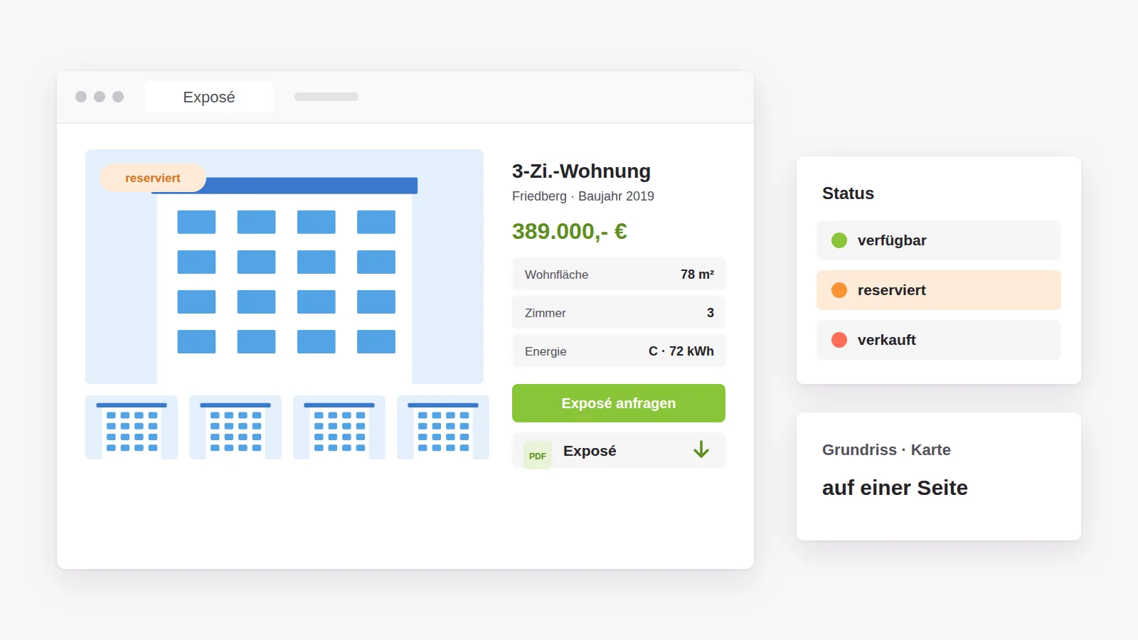 Exposé mit Galerie, Kennwerten, Energieangaben, Anfrage und PDF-Download, der Status wechselt von verfügbar über reserviert bis verkauft