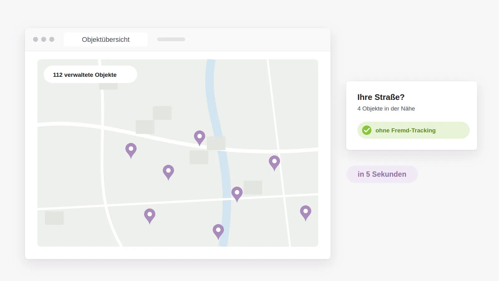 Verwaltete Objekte auf einer Karte ohne Fremd-Tracking, ein Eigentümer sieht in Sekunden, dass der Verwalter in seiner Straße zu Hause ist