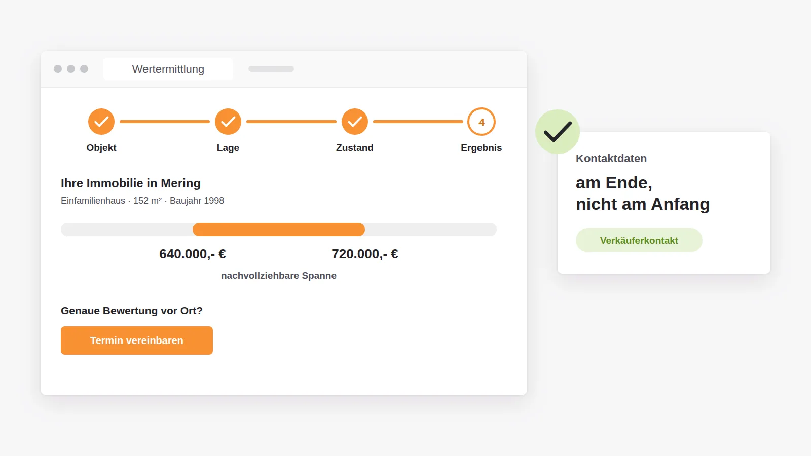 Mehrstufige Wertermittlung mit nachvollziehbarer Preisspanne für ein Einfamilienhaus, die Kontaktdaten kommen erst am Ende