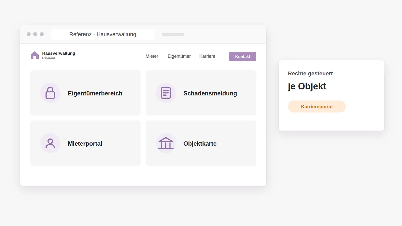 Referenz große Hausverwaltung: Eigentümerbereich mit Rechten, Schadensmeldung mit Fotoupload, Mieterportal, Objektkarte und Karriereportal