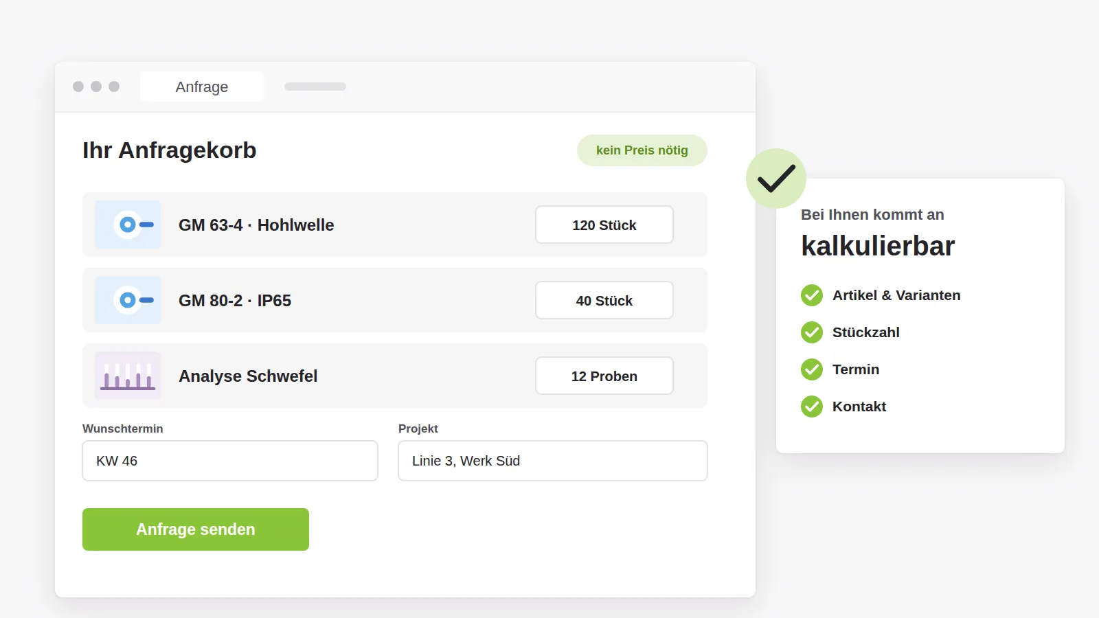 Anfragekorb statt Warenkorb: Produkte und Analysen mit Stückzahl, Wunschtermin und Projekt werden als kalkulierbare Anfrage gesendet