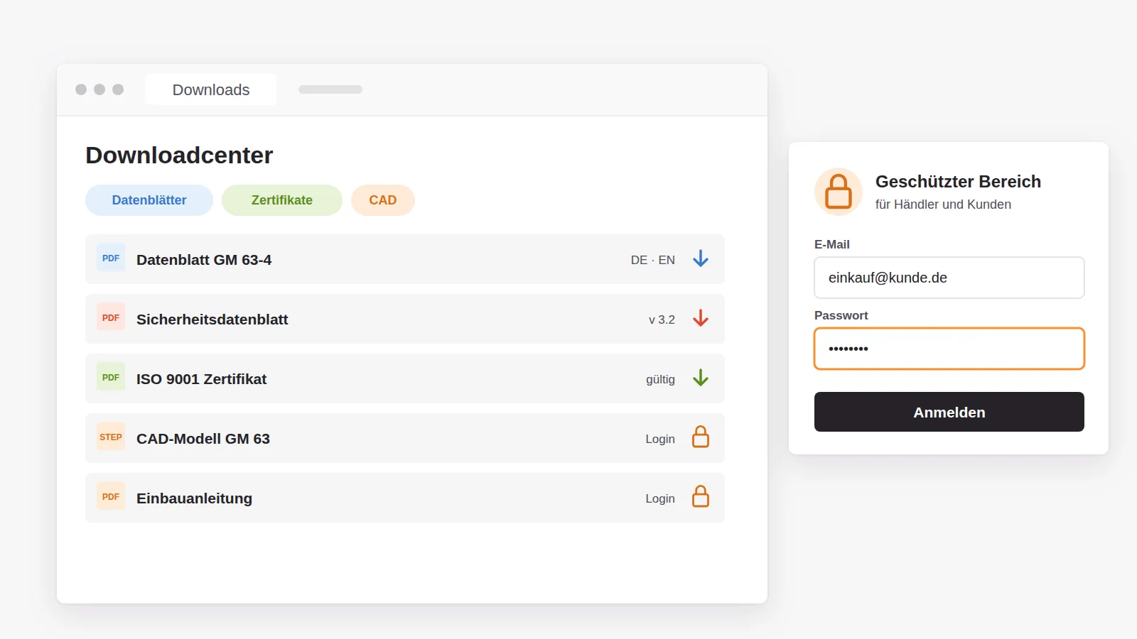 Downloadcenter mit Datenblättern und Zertifikaten zum freien Download, CAD-Daten und Anleitungen nur nach Anmeldung im geschützten Bereich