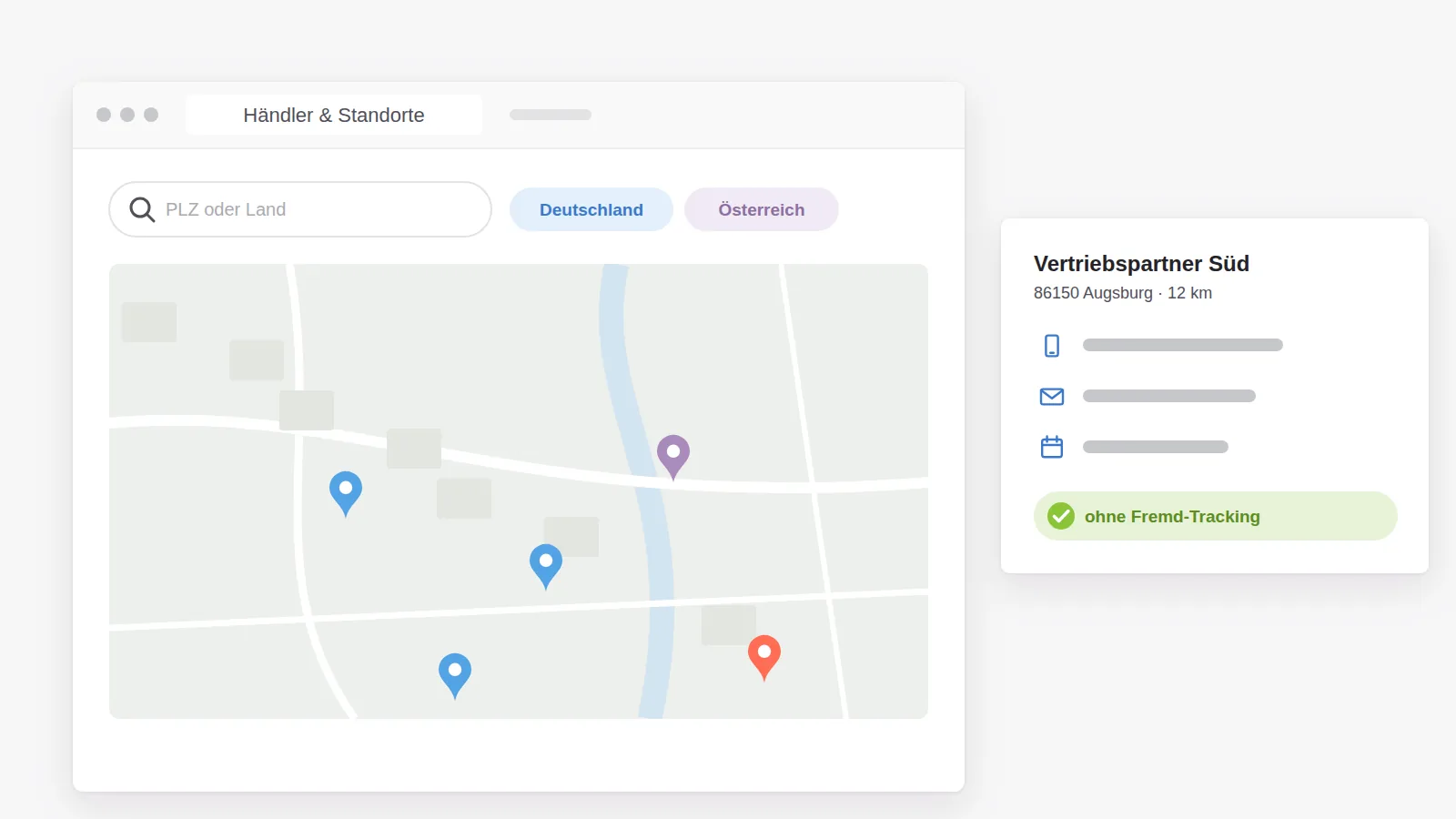 Händler- und Standortsuche nach Land und Postleitzahl auf einer Karte ohne Fremd-Tracking, mit Detailkarte des nächsten Vertriebspartners
