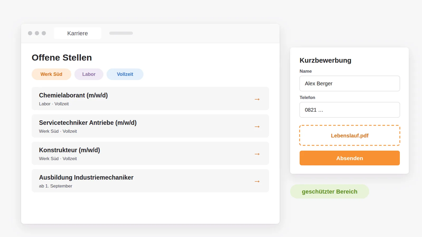 Karriereportal mit filterbaren Stellen nach Standort und Bereich und einer Kurzbewerbung mit Datei-Upload, die im geschützten Bereich ankommt