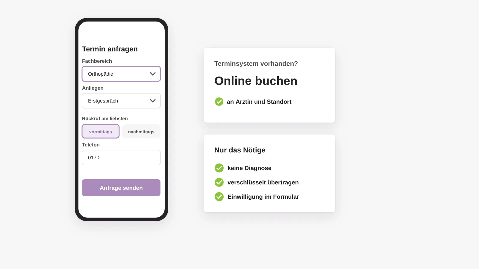 Strukturierte Terminanfrage auf dem Smartphone mit Fachbereich, Anliegen und Rückrufzeit, alternativ Online-Buchung über das Terminsystem, mit nur den nötigen Angaben